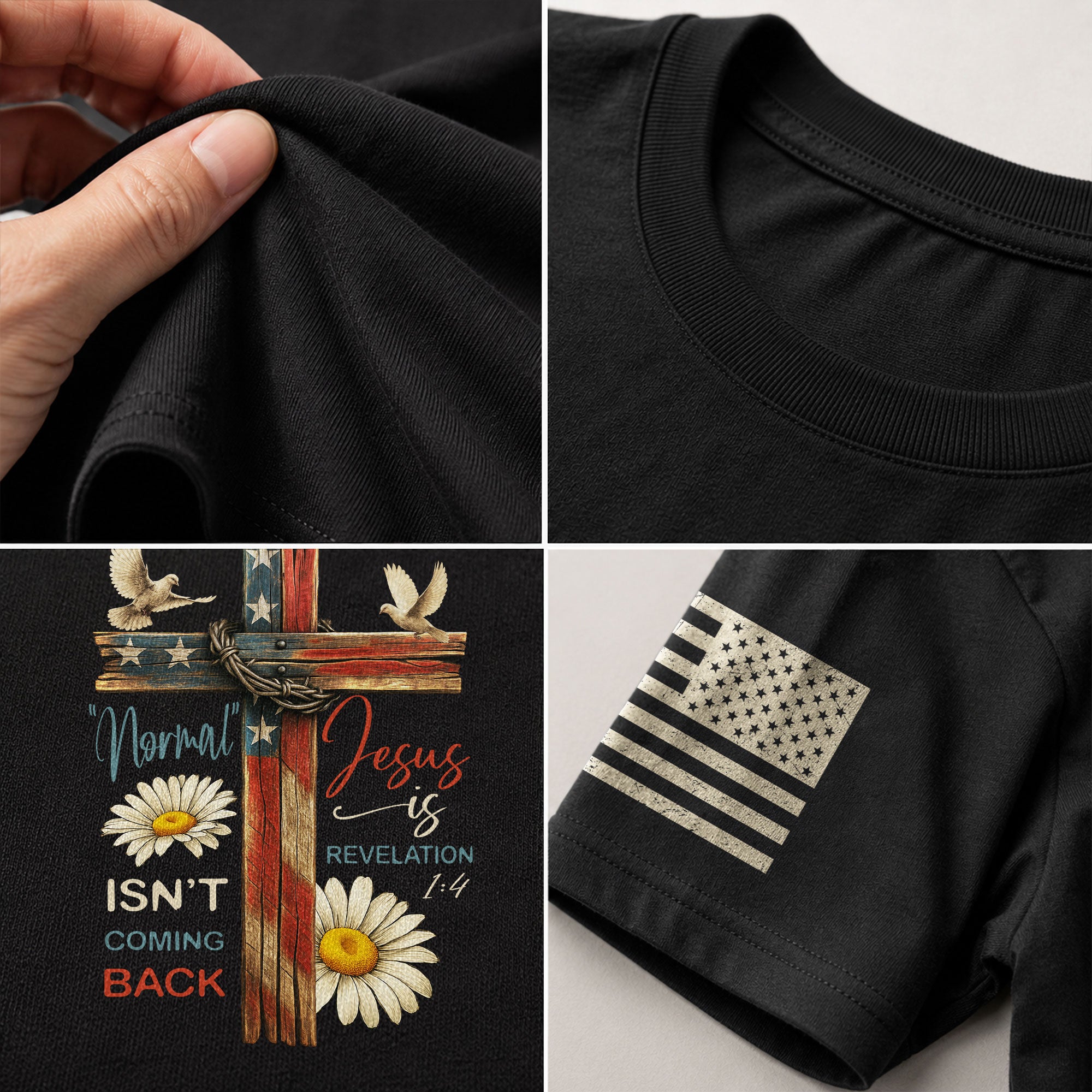 Normal Isn’t Coming Back Jesus Is , Revelation 1:4 Floral USA Flag Cross - Christian Tee Shirts, Christian Shirts for Men - Rust Field Wear