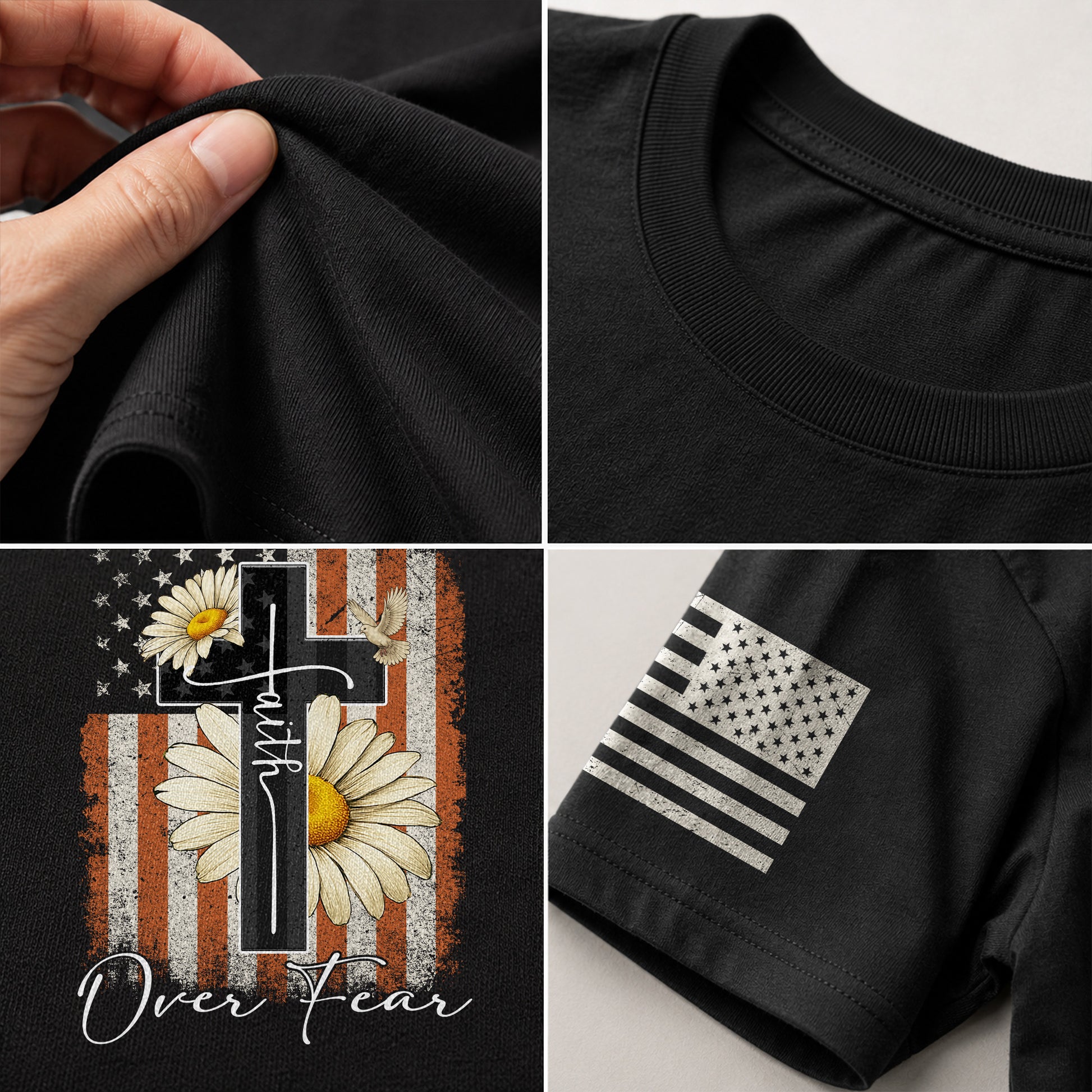 Christian Shirts for Men - Faith Over Fear Daisy Cross USA Flag Christian, Christian Tee Shirts - Rust Field Wear
