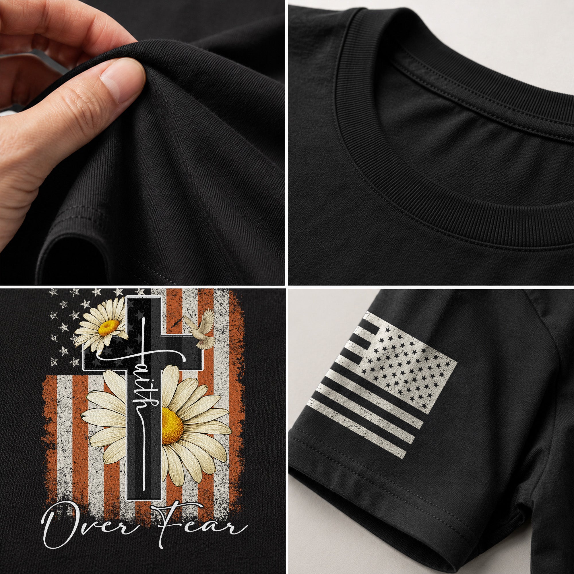 Christian Shirts for Men - Faith Over Fear Daisy Cross USA Flag Christian, Christian Tee Shirts - Rust Field Wear