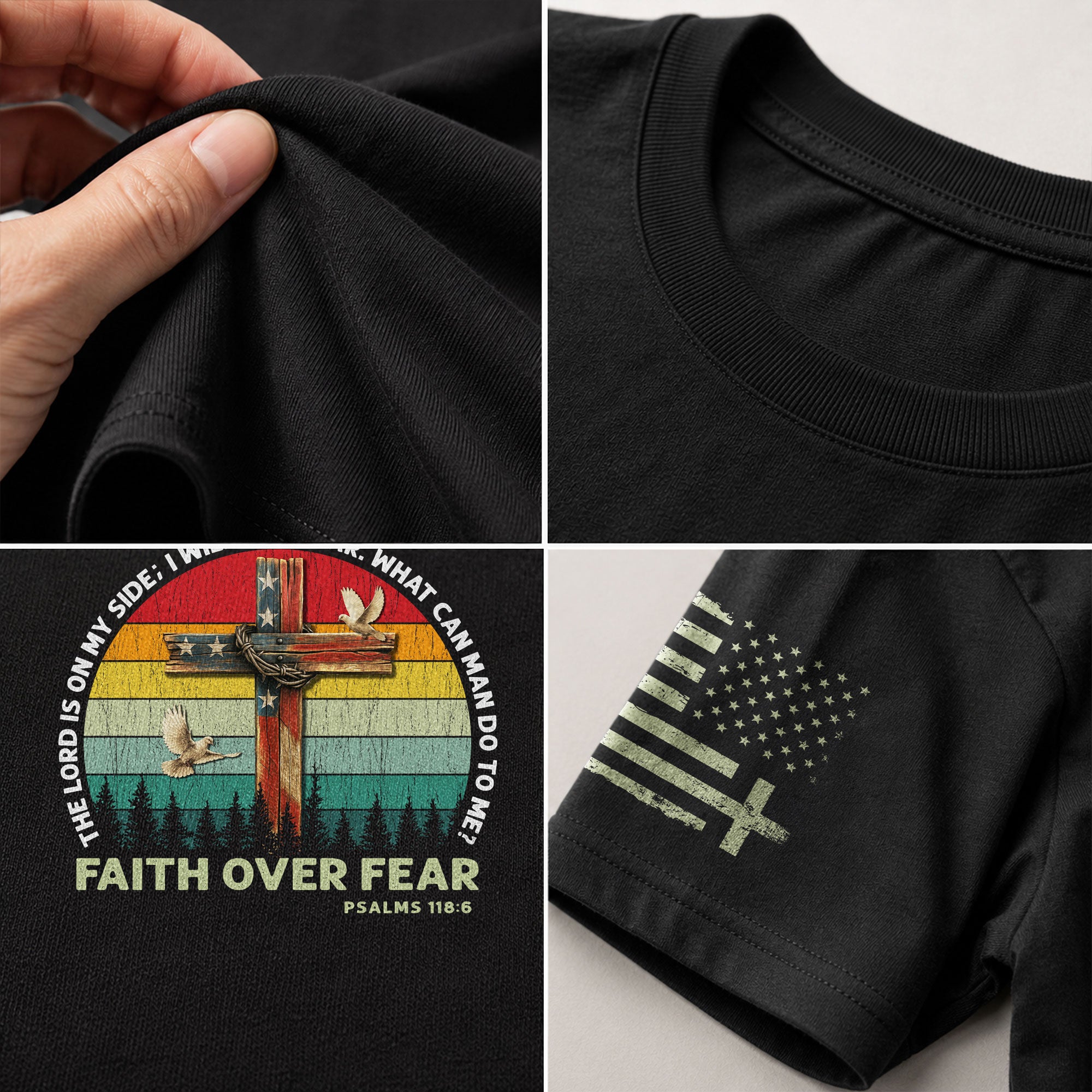 Faith Over Fear Psalm 118:6 Cross and Flag Christian Vintage, Christian Shirts for Men - Christian Tee Shirts - Rust Field Wear