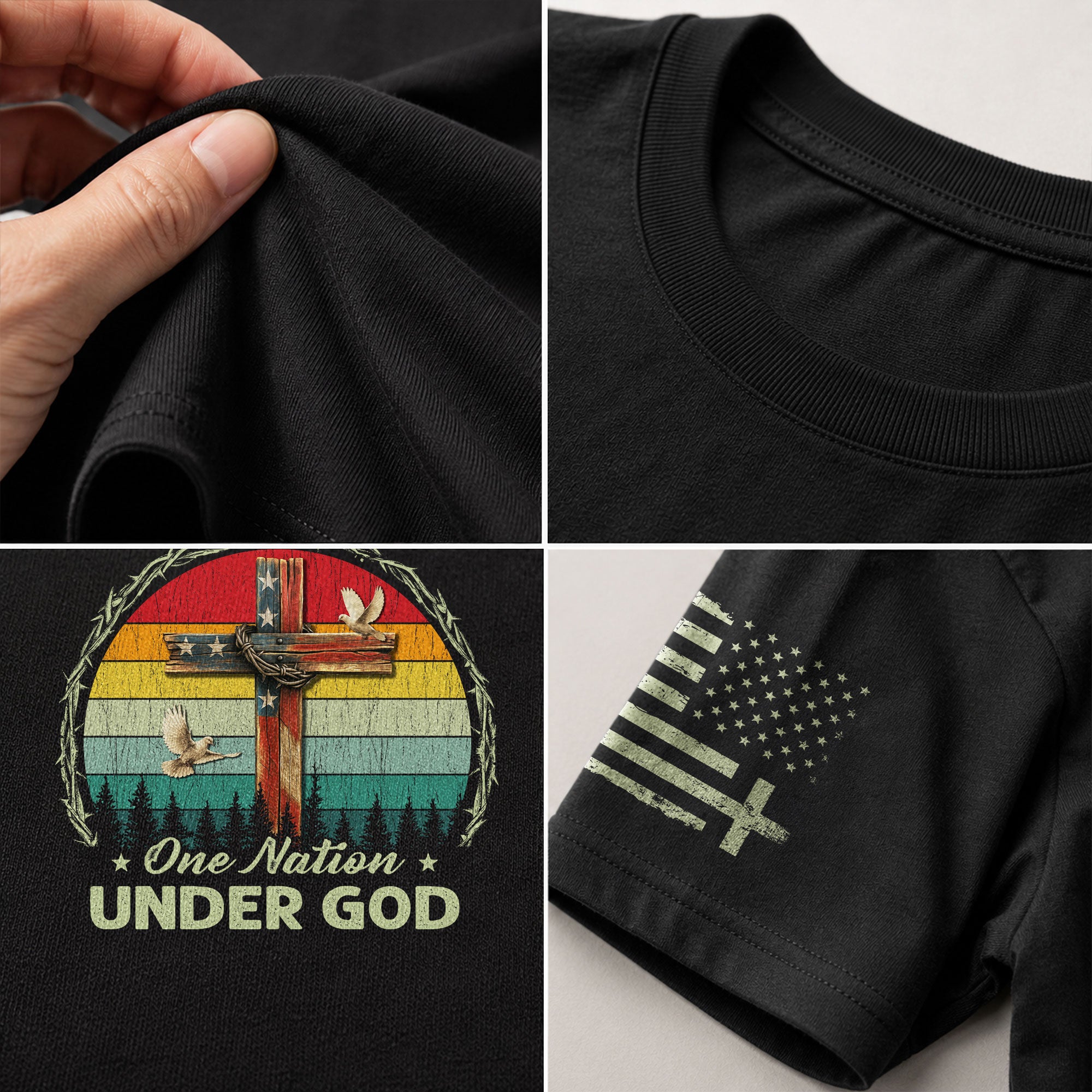 Christian Shirts for Men, One Nation Under God Retro Sunset Cross - Christian Tee Shirts - Rust Field Wear