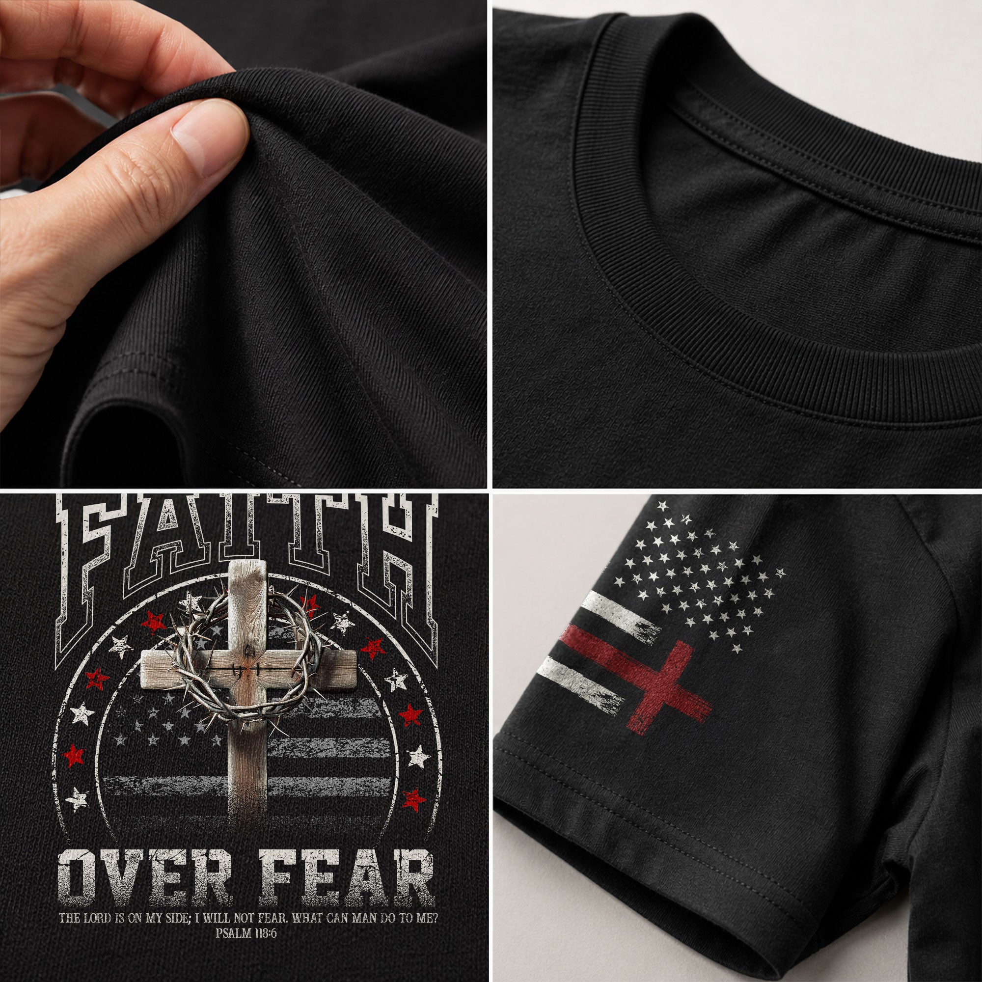 Faith Based Christian Tee Shirts, Faith Over Fear Cross American Flag - Christian Shirts for Men - Rust Field Wear