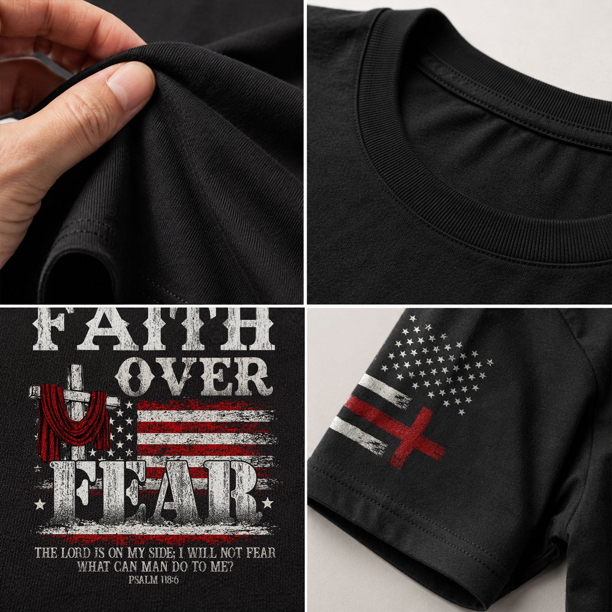 Faith Over Fear Psalm 118:6 Cross and American Flag - Christian Shirts for Men, Faith Based Christian Tee Shirts - Rust Field Wear