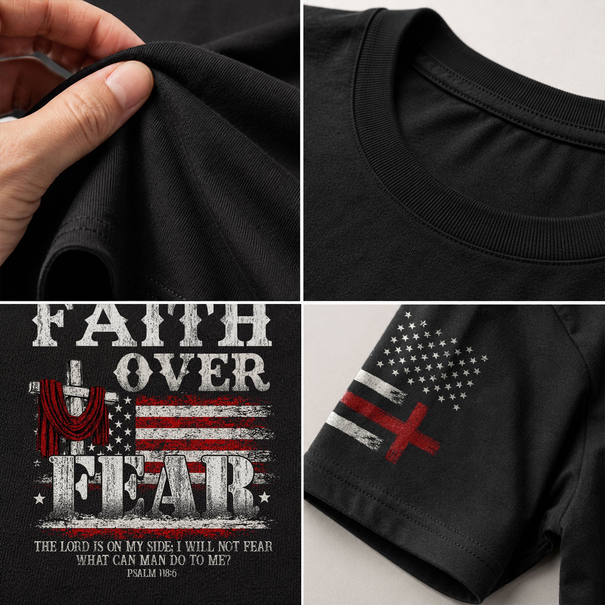 Faith Over Fear Psalm 118:6 Cross and American Flag - Christian Shirts for Men, Faith Based Christian Tee Shirts - Rust Field Wear