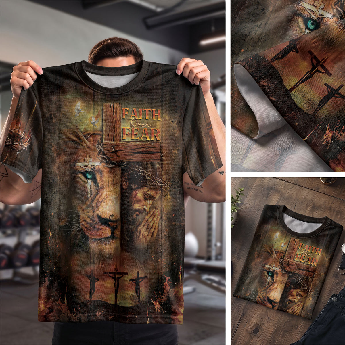 Faith Over Fear Lion and Cross Stand bold your - RustField Co Freedom Shirts, Christian Tee Shirts for Men - Rust Field Wear