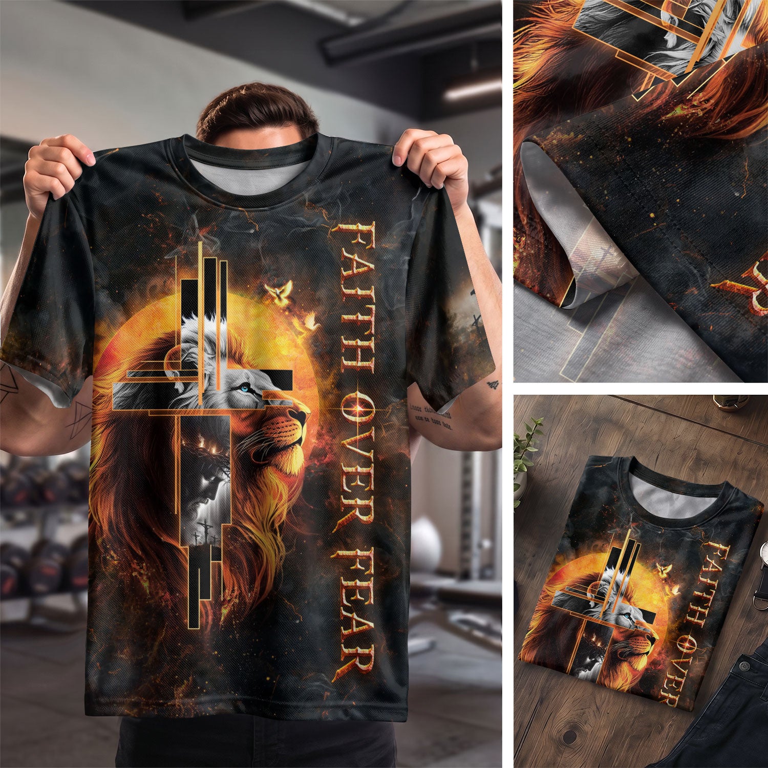 RustField Co Freedom Shirts - Faith Over Fear Cross Lion and Jesus, Christian Tee Shirts for Men - Rust Field Wear