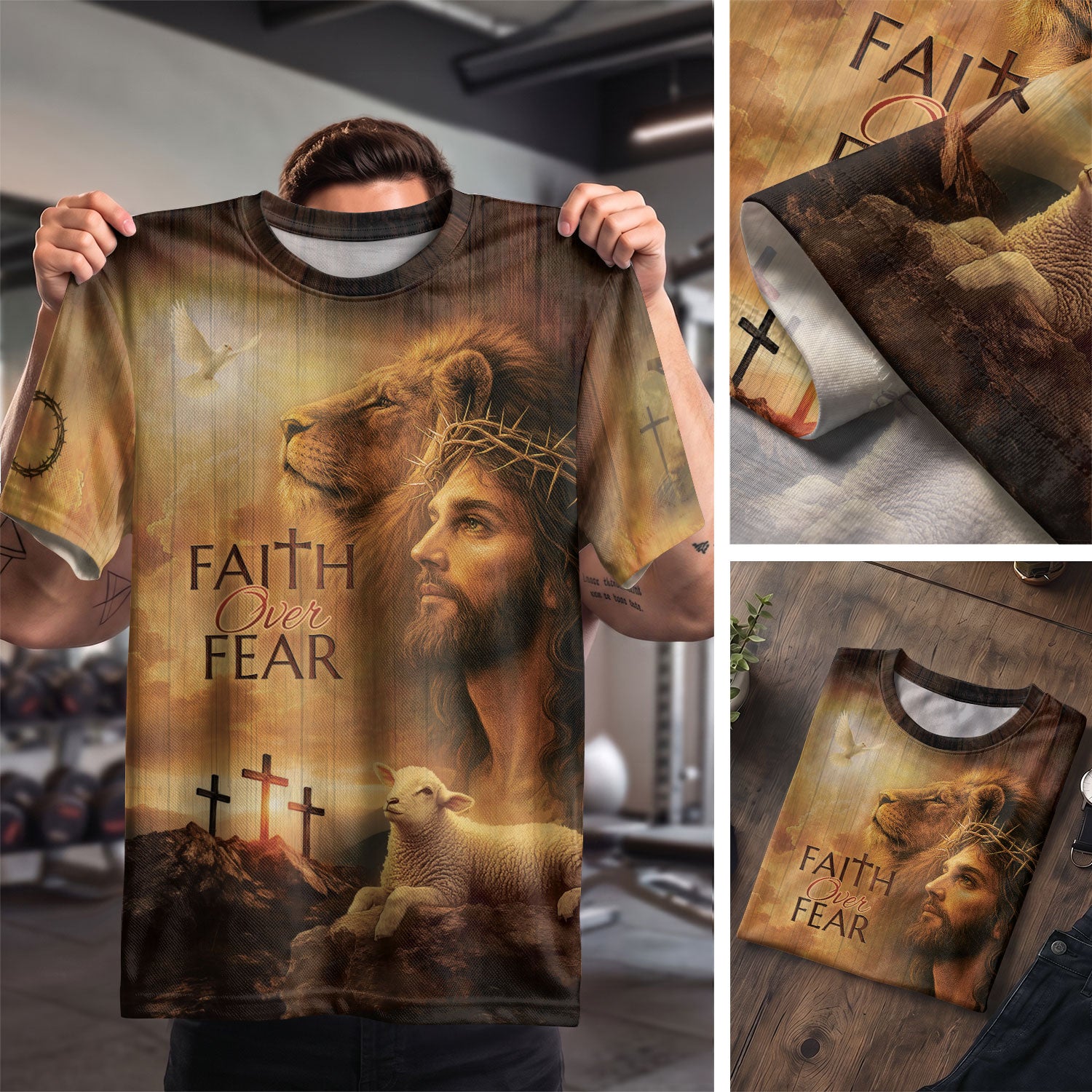 Christian Tee Shirts for Men - Faith Over Fear Lion Jesus and Lamb, RustField Co Freedom Shirts - Rust Field Wear