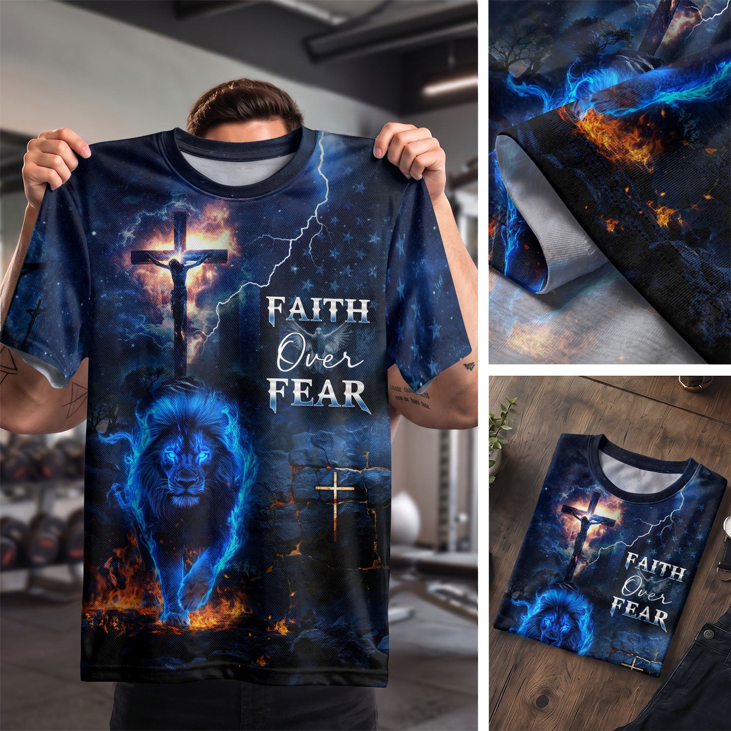 Faith Over Fear Fire Lion And Crucifixion - Christian Tee Shirts for Men, Freedom Shirts, RustField Co - Rust Field Wear
