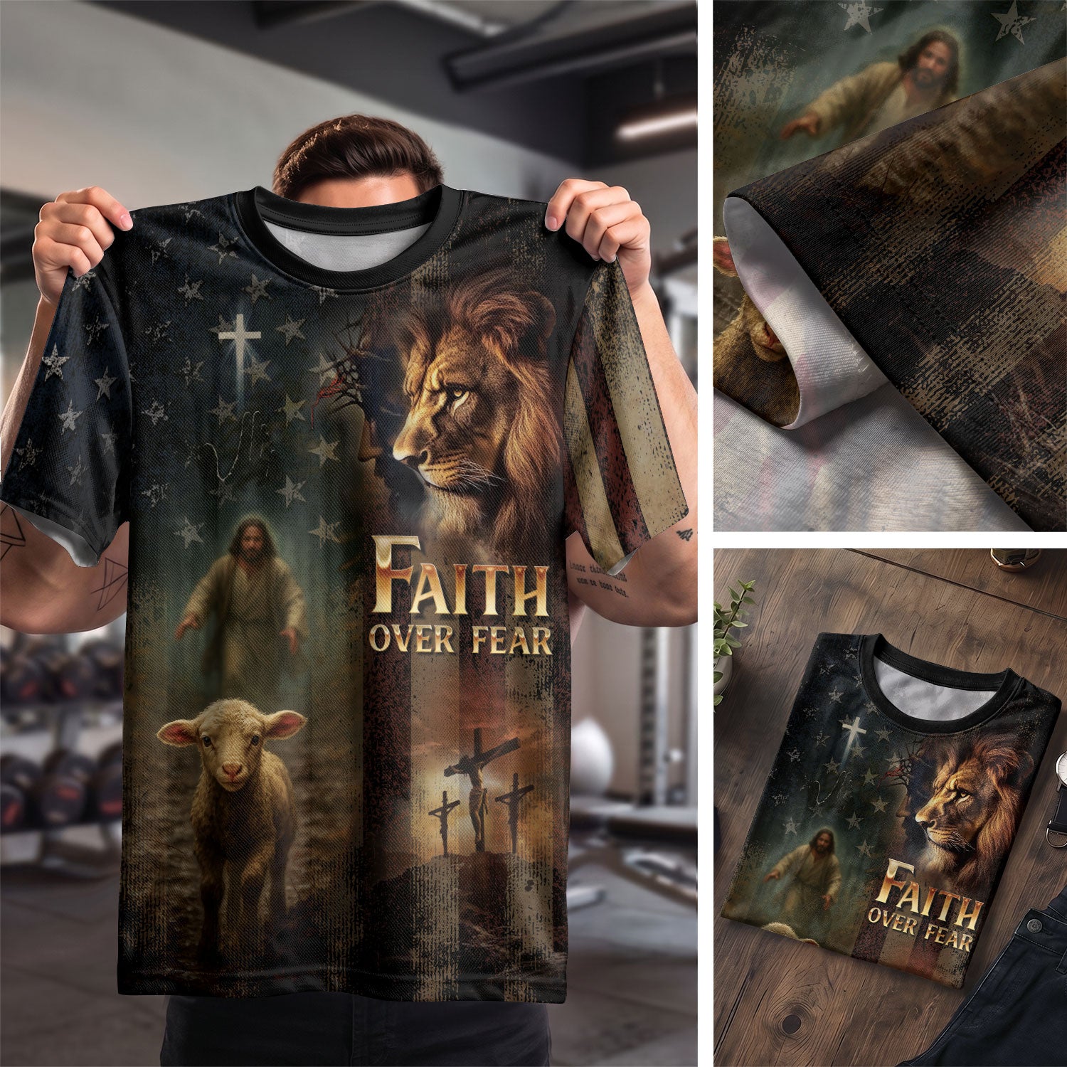 Faith Over Fear Lion and Lamb Cross Christian Tee Shirts - Freedom Shirts for Men, RustField Co - Rust Field Wear
