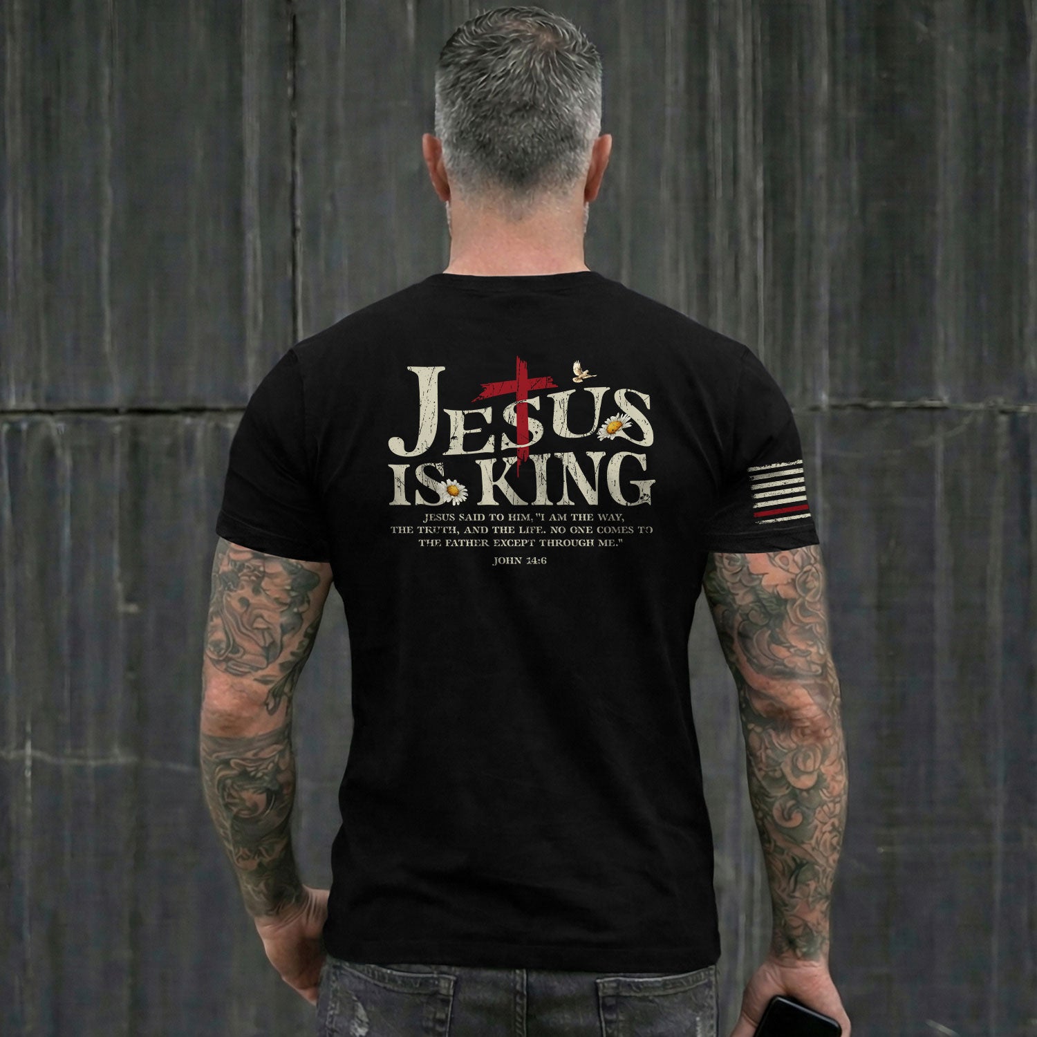 Christian Shirts for Men - Jesus Is King , Christian Cross and American Flag, Christian Tee Shirts - Rust Field Wear
