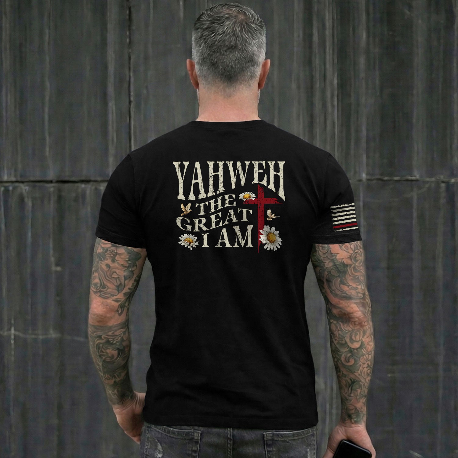 Yahweh The Great I Am , Christian Cross and American Flag, Christian Shirts for Men - Christian Tee Shirts - Rust Field Wear