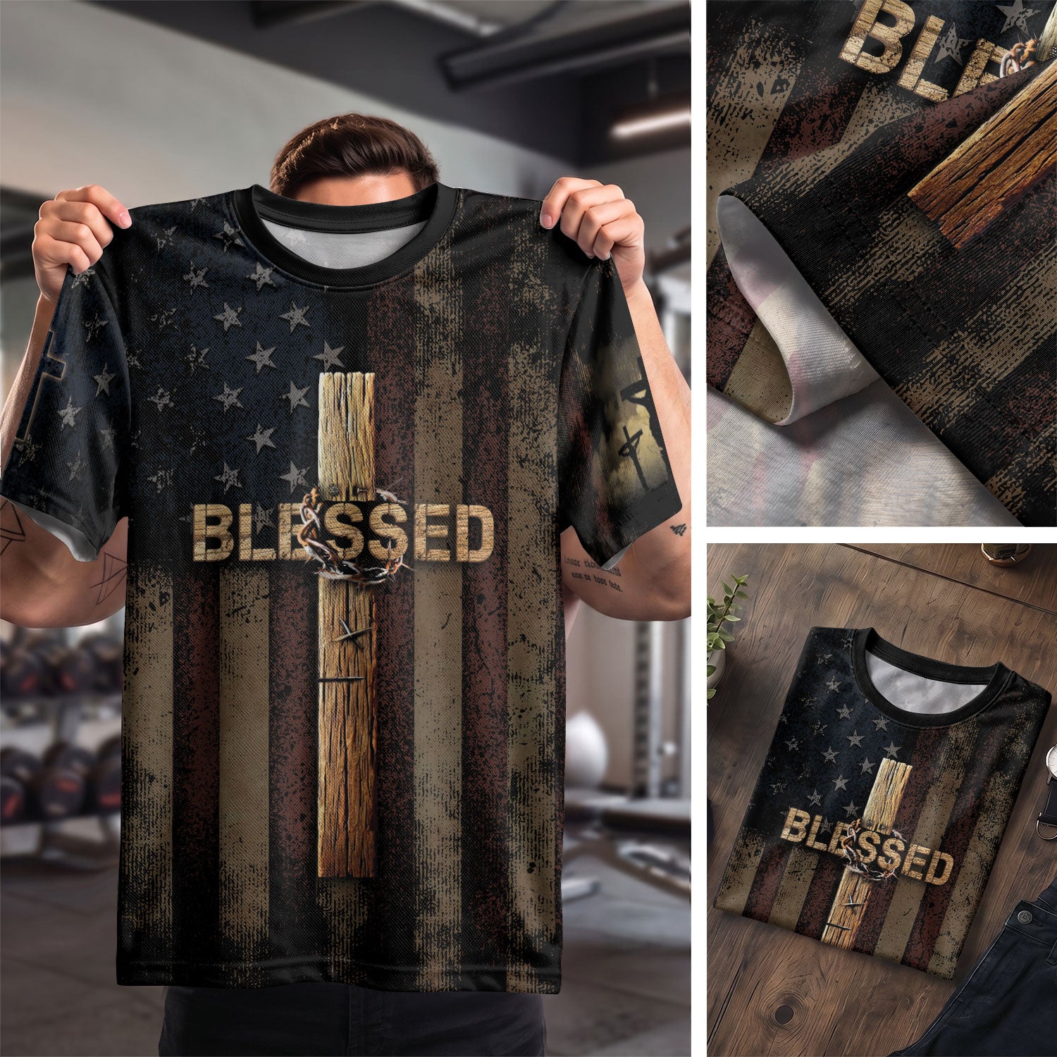 Christian Tee Shirts, BLESSED Cross and Crown of Thorns Patriotic - Freedom Shirts for Men, RustField Co - Rust Field Wear