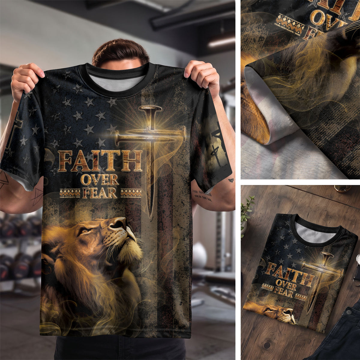 Faith Over Fear Lion of Judah and Patriot Cross - RustField Co Freedom Shirts, Christian Tee Shirts for Men - Rust Field Wear
