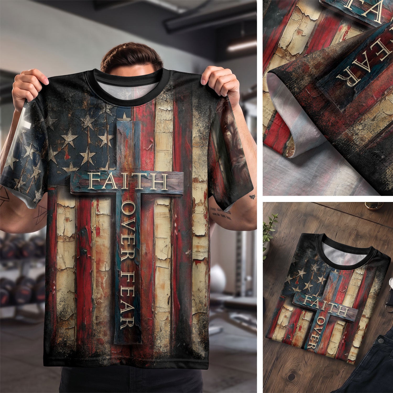 Christian Tee Shirts for Men - Faith Over Fear Cross Rustic American Flag, RustField Co Freedom Shirts - Rust Field Wear