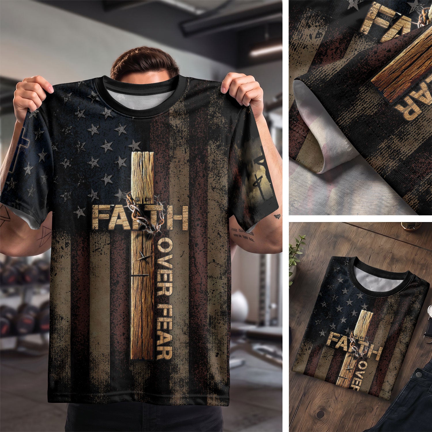 FAITH OVER FEAR Cross and Crown of Thorns Patriotic - Christian Tee Shirts for Men, Freedom Shirts, RustField Co - Rust Field Wear
