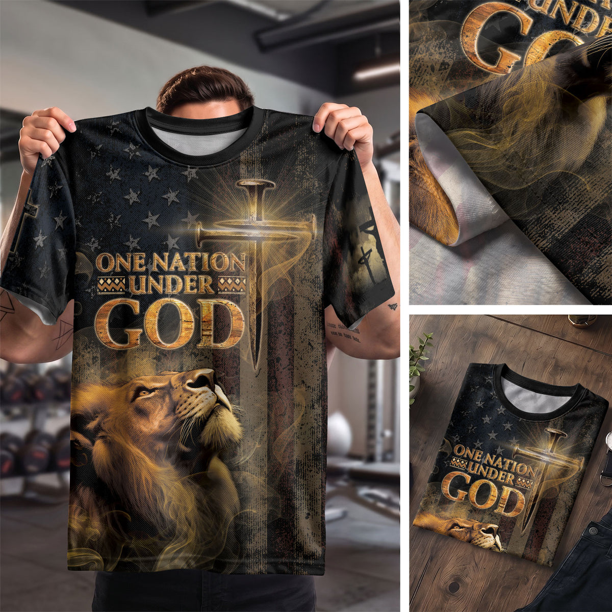 RustField Co, One Nation Under God Patriotic with Lion and Cross - Christian Tee Shirts for Men, Freedom Shirts - Rust Field Wear