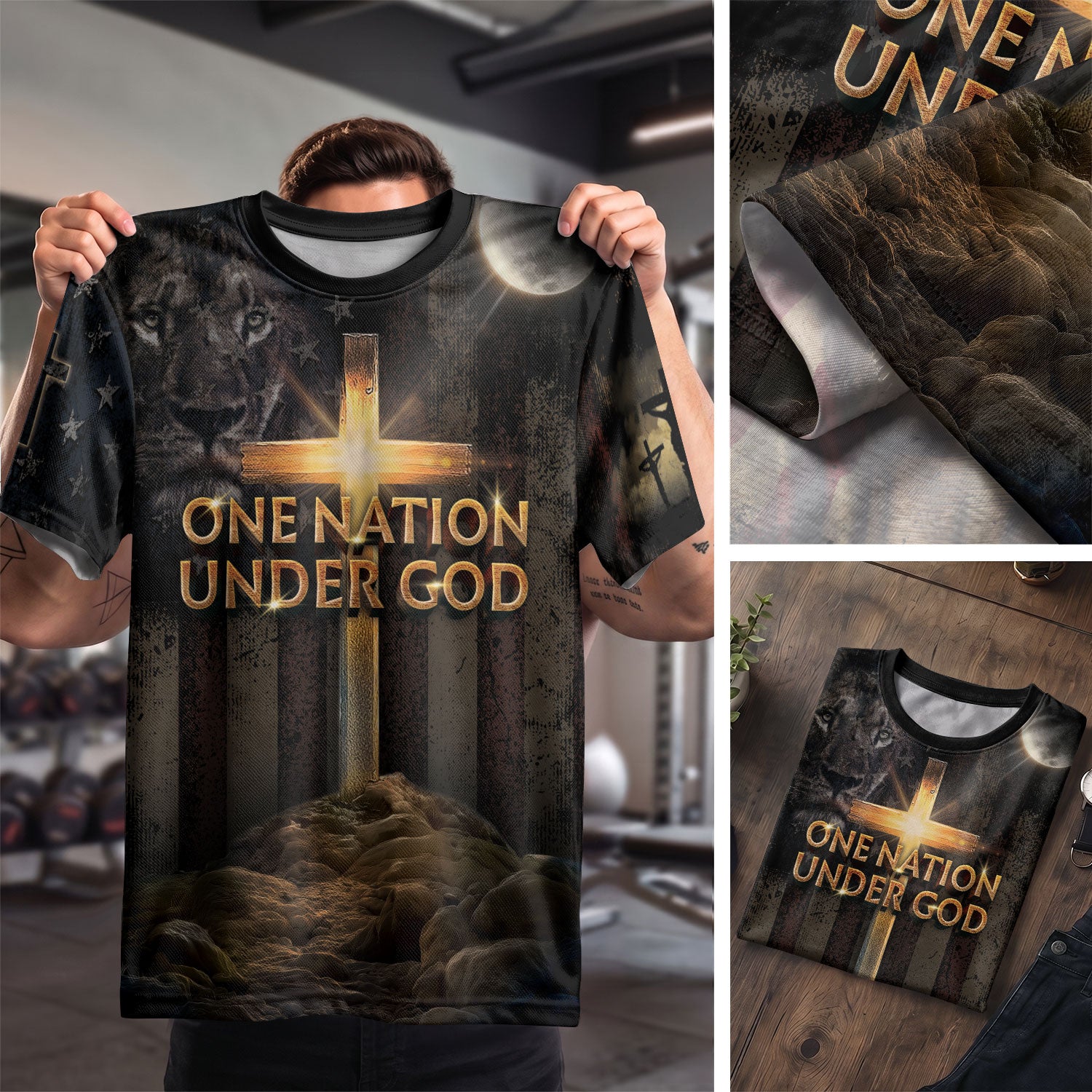 Freedom Shirts - One Nation Under God Cross of Glory and Lion in Shadow, Christian Tee Shirts for Men, RustField Co - Rust Field Wear