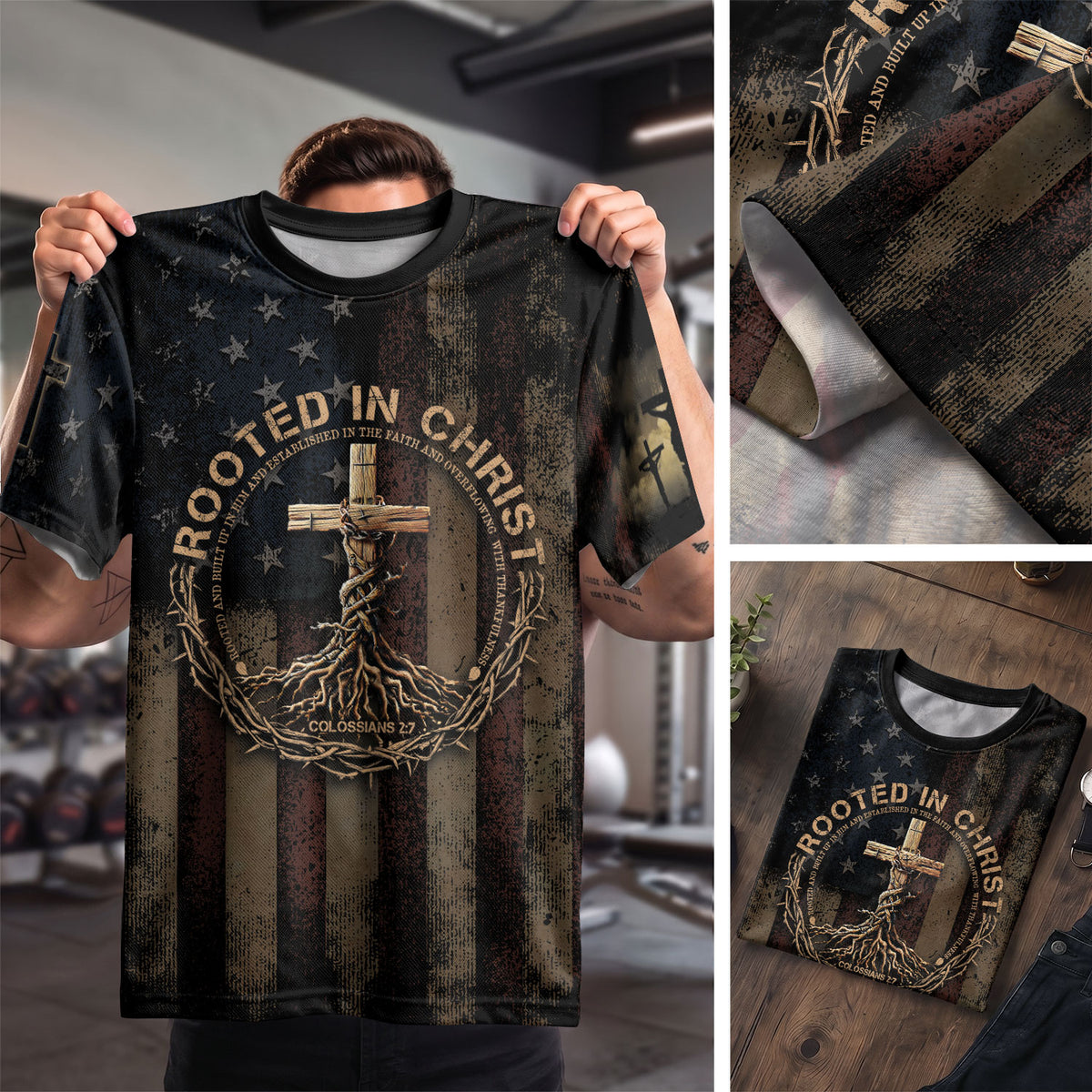 Rooted in Christ Colossians 2 7 and Crown of Thorns Patriotic - Christian Tee Shirts for Men, Freedom Shirts, RustField Co - Rust Field Wear