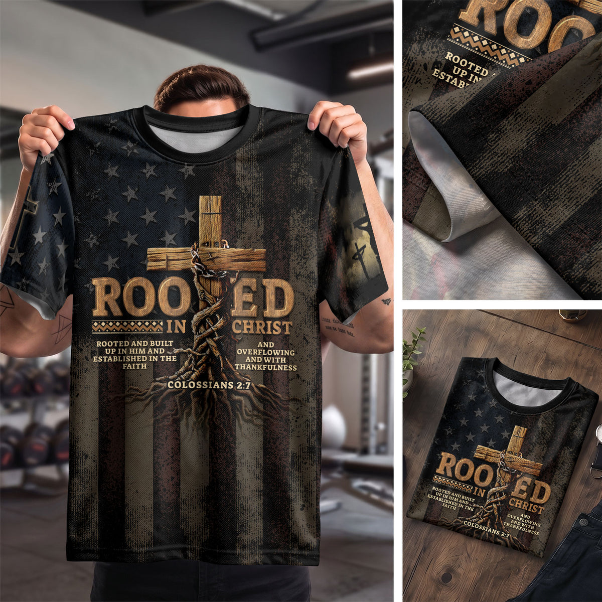 Rooted in Christ Colossians 2 7 Cross and American Flag Christian Tee Shirts - Freedom Shirts for Men, RustField Co - Rust Field Wear