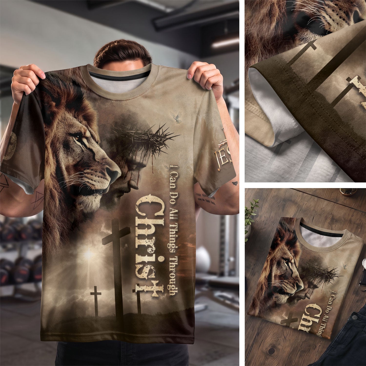 Christian Tee Shirts for Men - Through Christ I Stand Lion and Cross Faith, RustField Co Freedom Shirts - Rust Field Wear