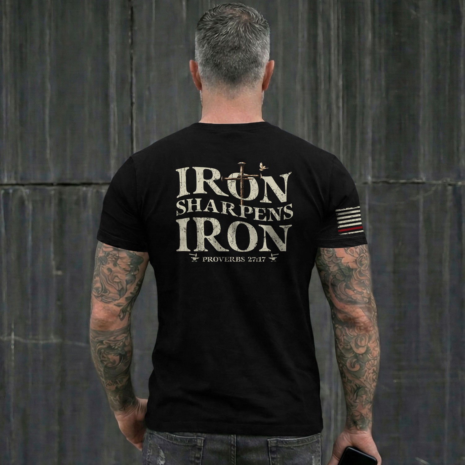 Christian Tee Shirts, Iron Sharpens Iron , Christian Cross and American Flag - Christian Shirts for Men - Rust Field Wear