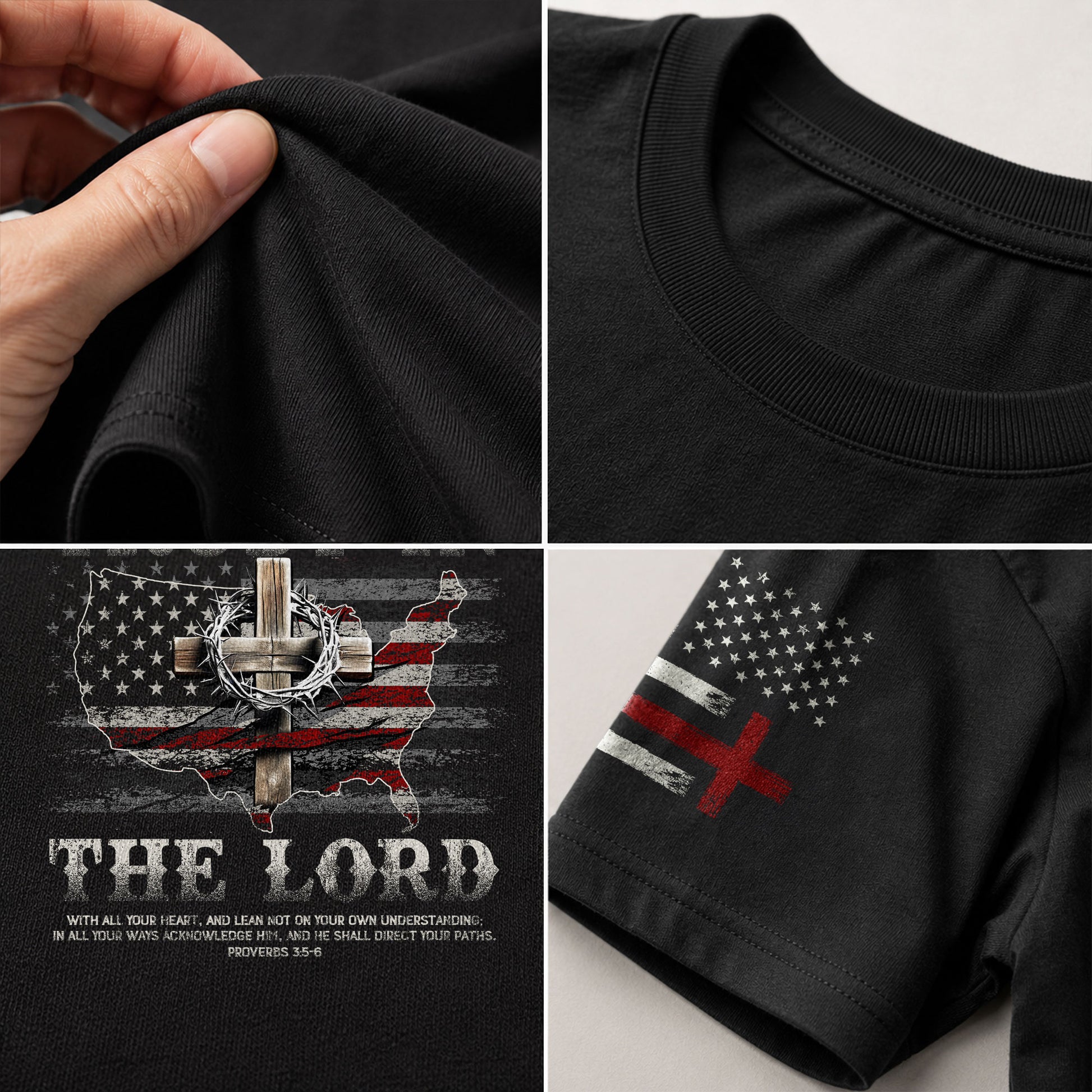 Trust In The Lord Christian Proverbs 3:5 6 Bible Verse American Flag Cross, Christian Tee Shirts - Faith Shirts for Men - Rust Field Wear