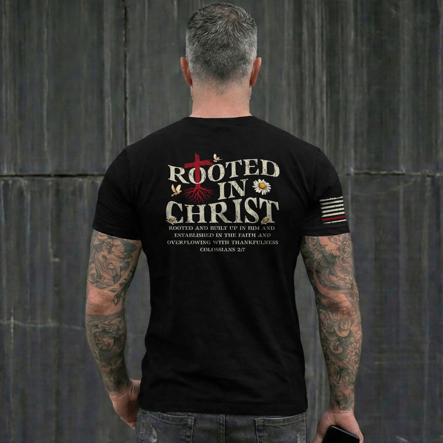 Rooted in Christ Back Print Colossians 2:7, Christian Tee Shirts - Faith Shirts for Men - Rust Field Wear