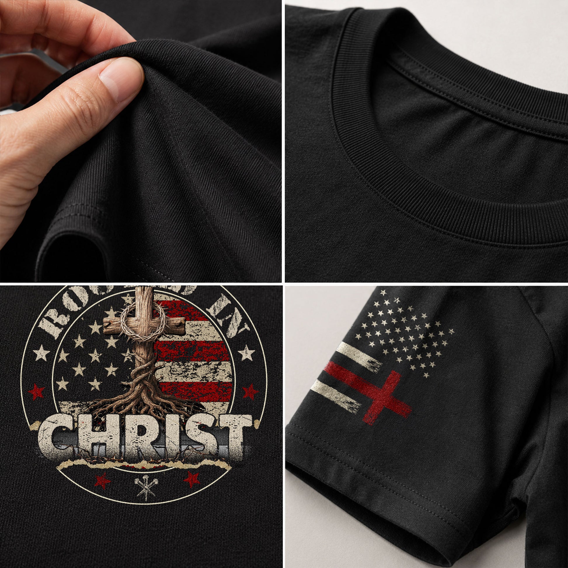 Faith Based Christian Tee Shirts, Rooted in Christ American Flag and Cross - Christian Shirts for Men - Rust Field Wear