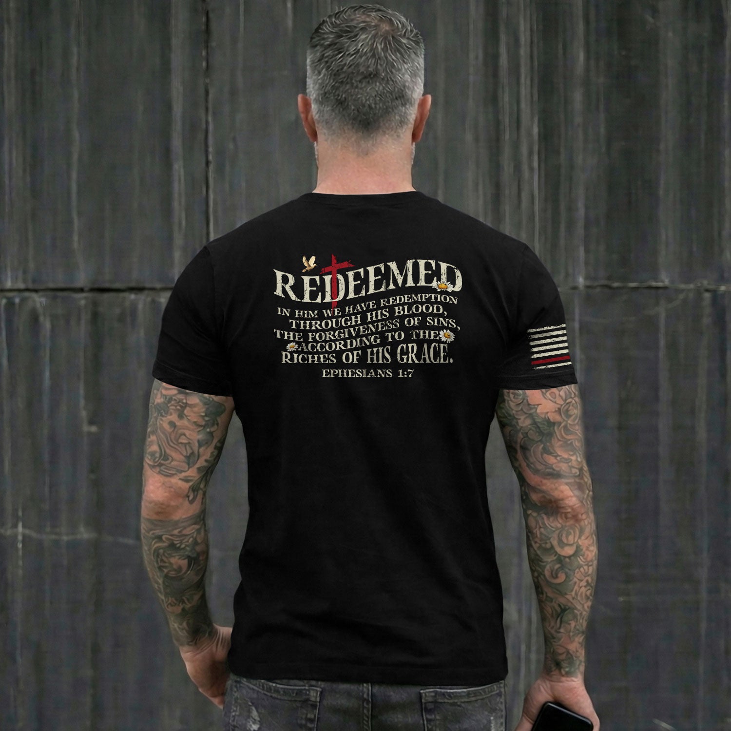 Redeemed Christian Ephesians 1:7 American Flag Cross Design - Christian Tee Shirts, Christian Shirts for Men - Rust Field Wear