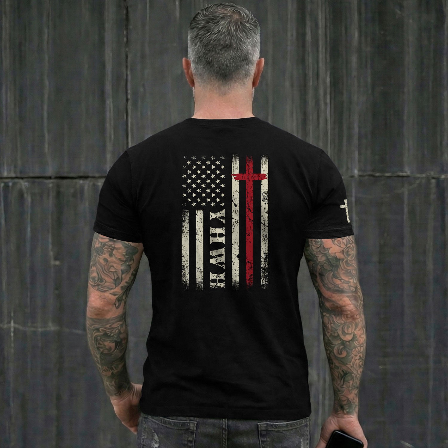 Christian Shirts for Men - YHWH American Flag Cross Christian Faith and Patriotism, Christian Tee Shirts - Rust Field Wear