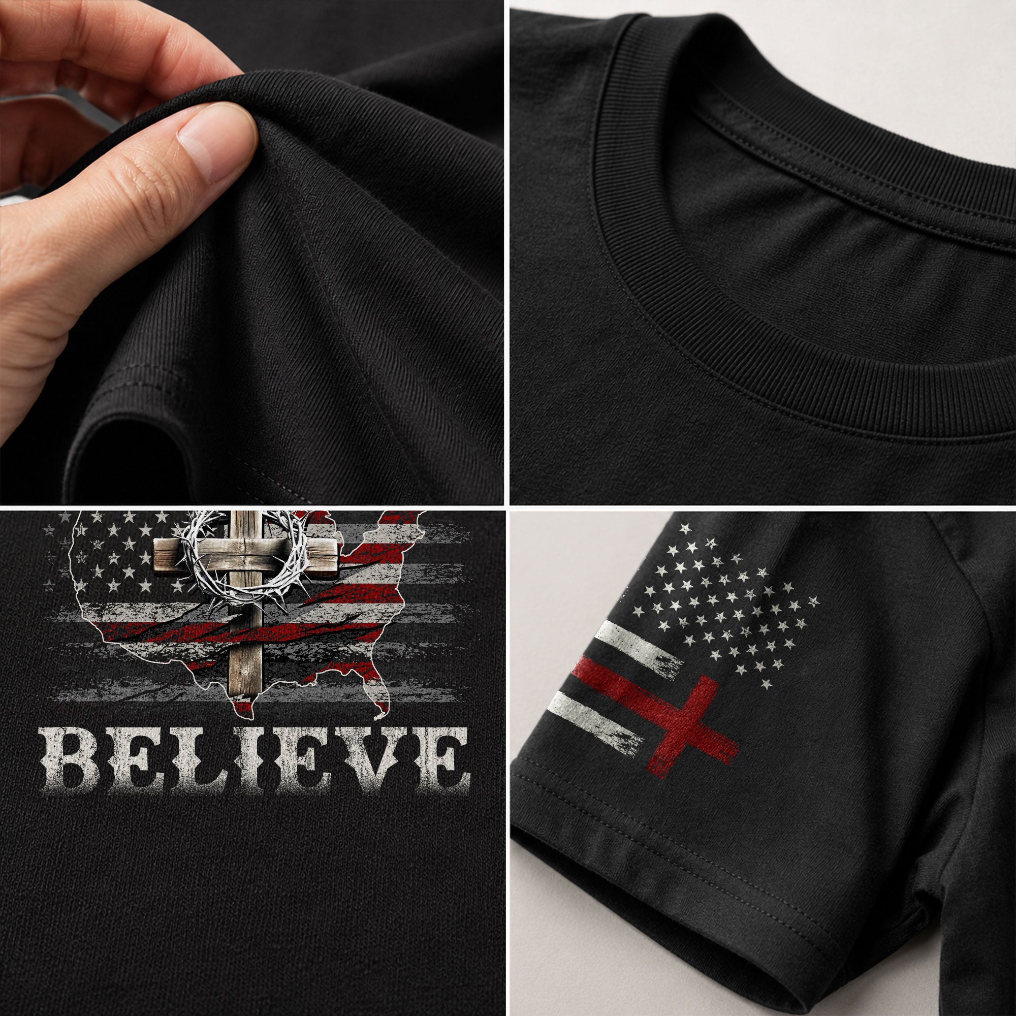 Christian Tee Shirts, Believe USA Flag Cross - Christian Shirts for Men - Rust Field Wear