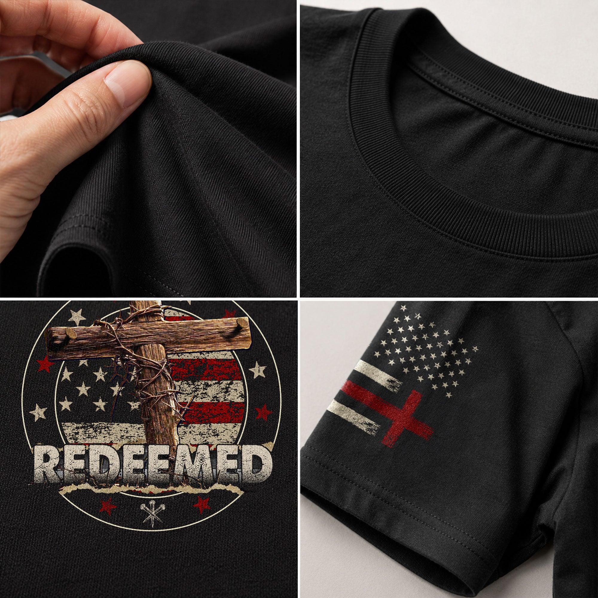 Redeemed Cross Christian American Flag Faith - Christian Shirts for Men, Faith Based Christian Tee Shirts - Rust Field Wear