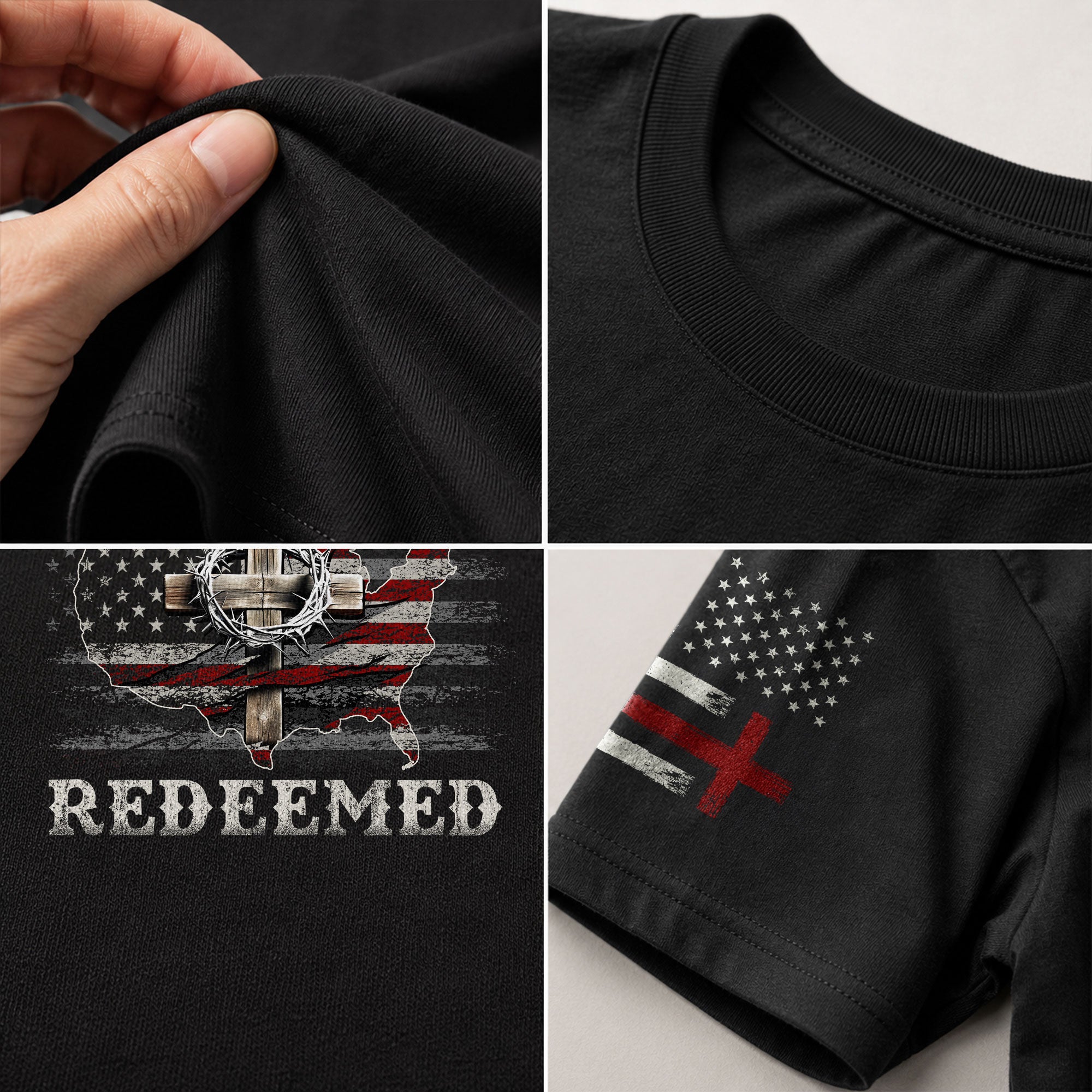 Christian Shirts for Men - Redeemed USA Flag Cross Christian, Christian Tee Shirts - Rust Field Wear