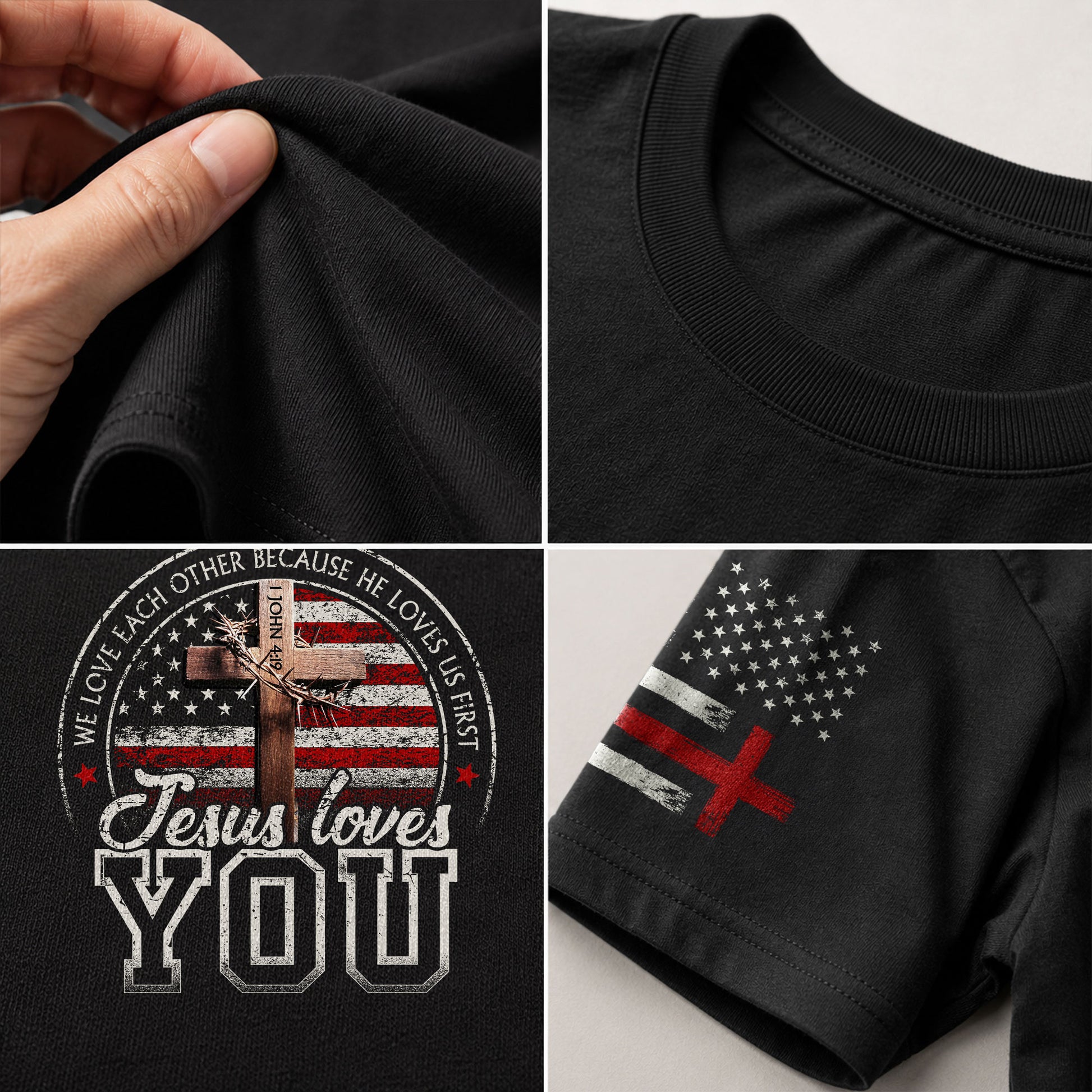 Jesus Loves You American Flag Cross and 1 John 4:19 Verse - Christian Shirts for Men, Faith Based Christian Tee Shirts - Rust Field Wear