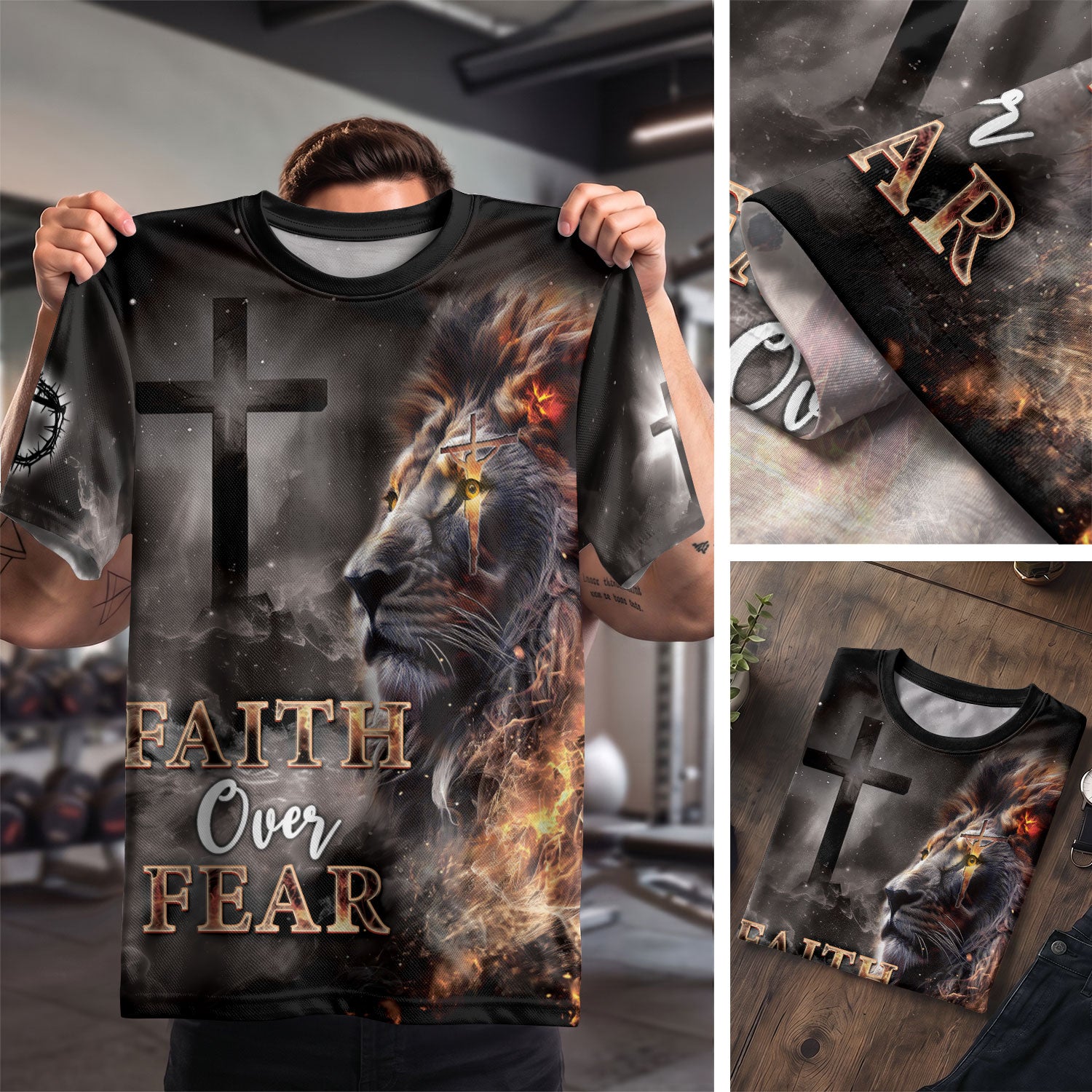 Christian Tee Shirts for Men - Faith Over Fear Lion and Cross, RustField Co Freedom Shirts - Rust Field Wear