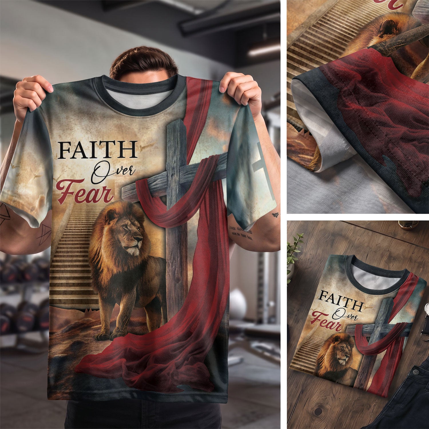 Freedom Shirts for Men, Faith Over Fear with Cross and Lion Draped in Robe - Christian Tee Shirts, RustField Co - Rust Field Wear
