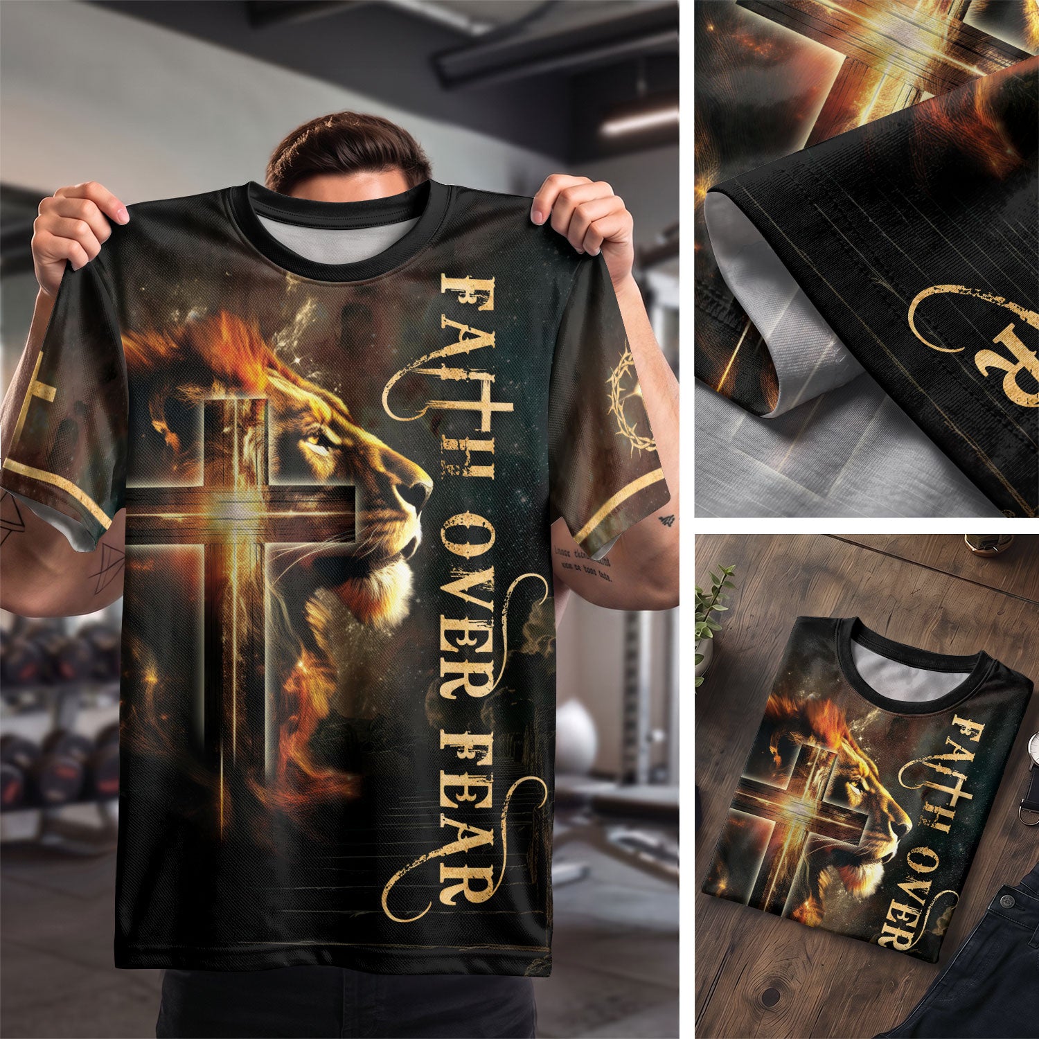 RustField Co Christian Tee Shirts - Faith Over Fear with Fiery Lion and Glowing Cross, Freedom Shirts for Men - Rust Field Wear