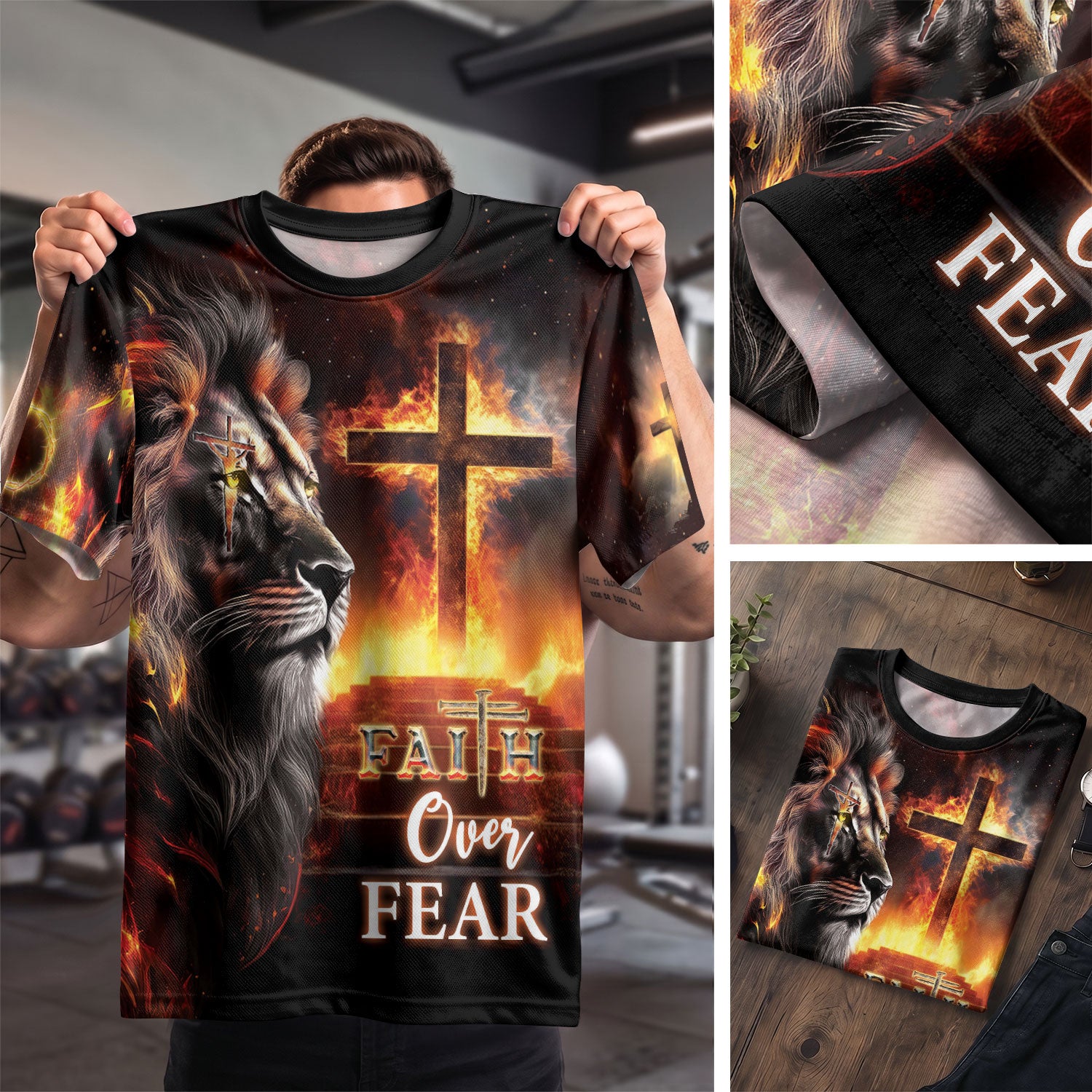 Fiery Cross and Lion Faith Over Fear, Freedom Shirts - Christian Tee Shirts for Men, RustField Co - Rust Field Wear