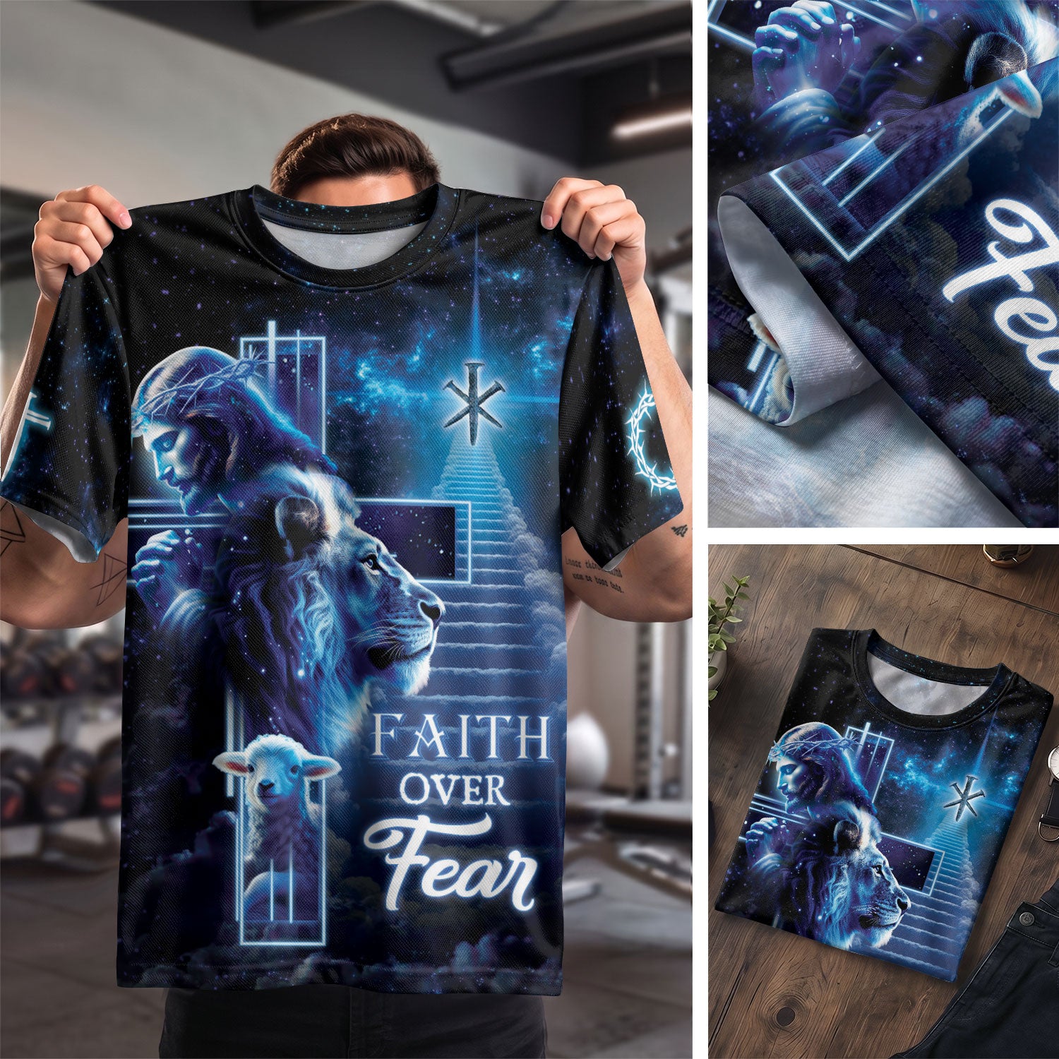 Faith Over Fear Heaven's Lion Lamb and Cross Vision - Christian Tee Shirts for Men, Freedom Shirts, RustField Co - Rust Field Wear
