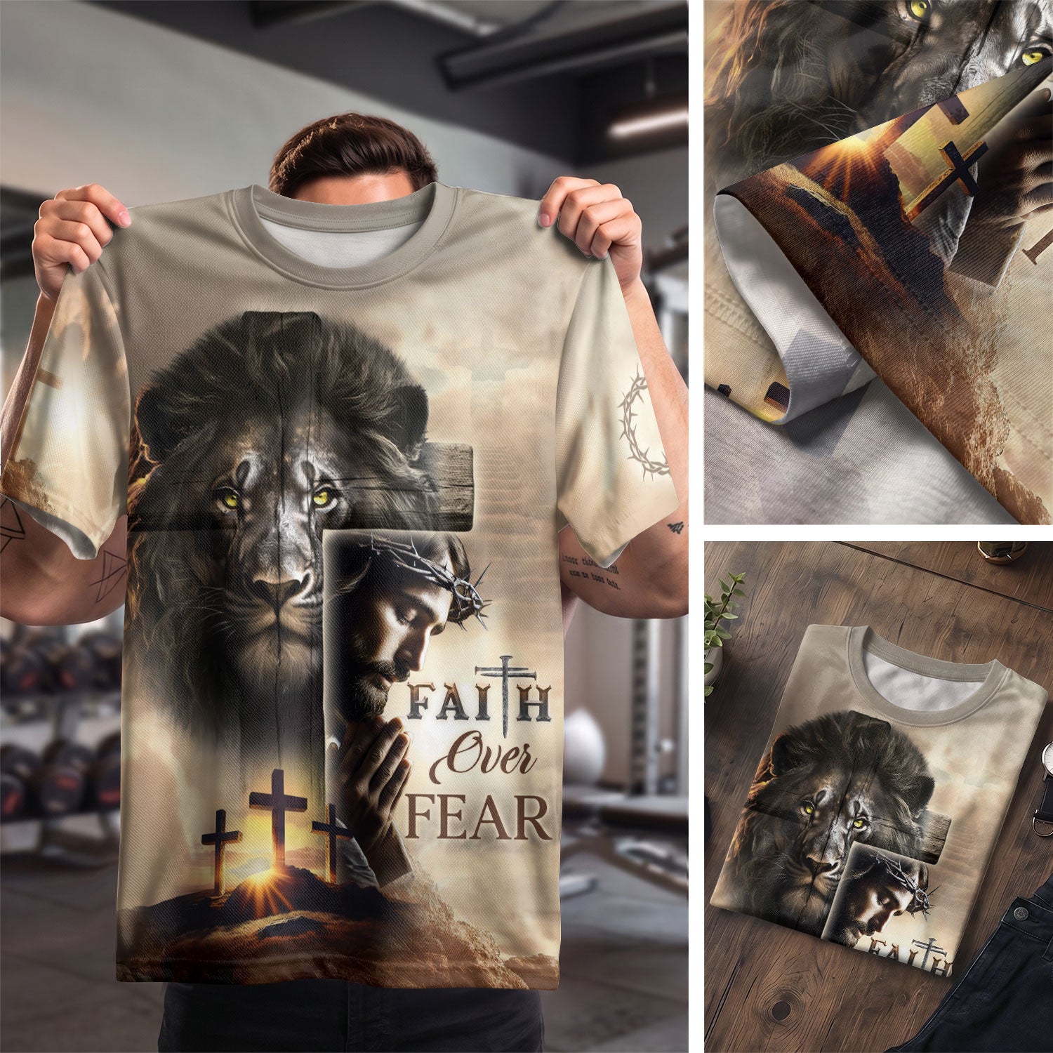 RustField Co, Faith Over Fear Blood Stained Cross and Risen Lion - Christian Tee Shirts for Men, Freedom Shirts - Rust Field Wear