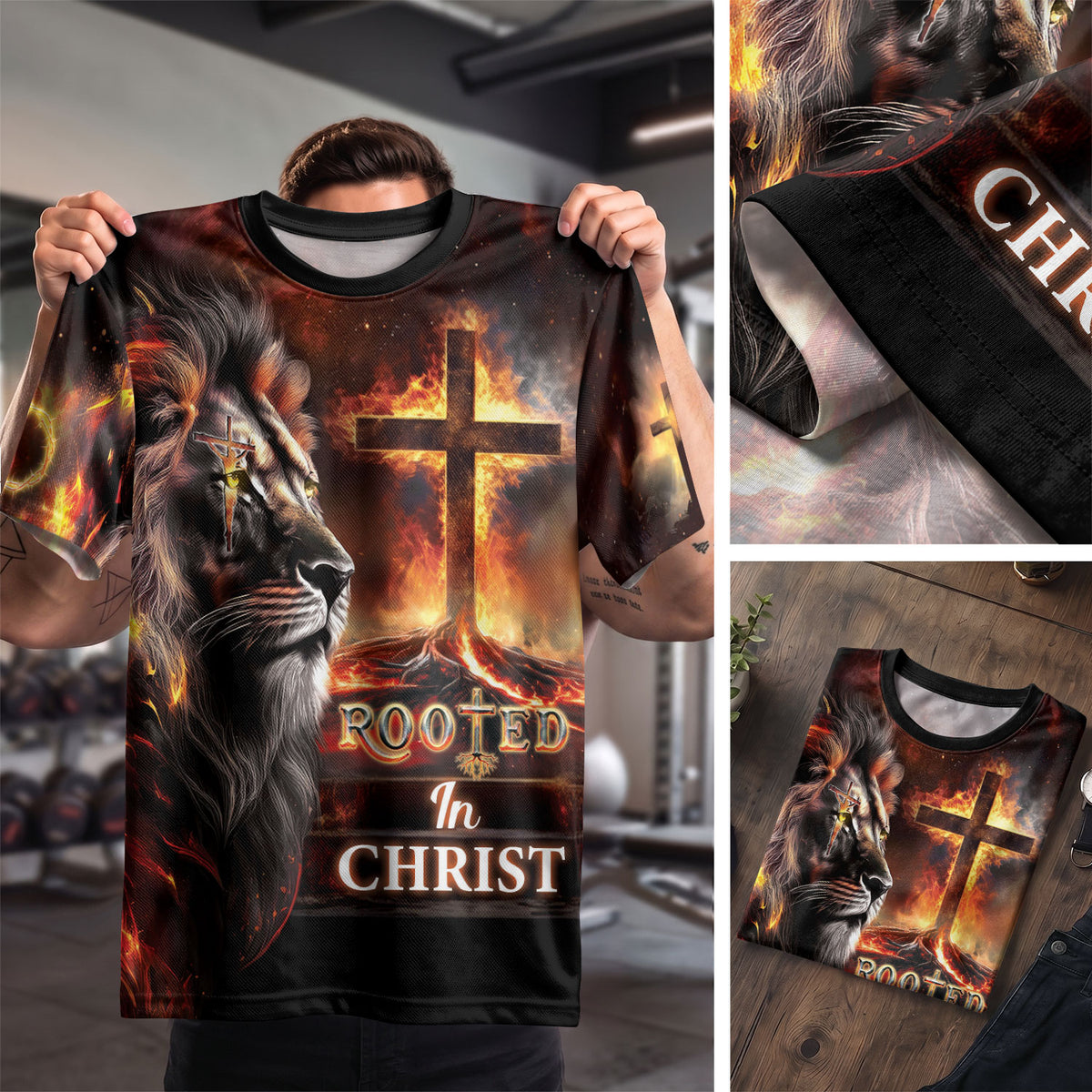 RustField Co, Rooted In Christ The Glowing Rooted Cross And Lion - Christian Tee Shirts for Men, Freedom Shirts - Rust Field Wear