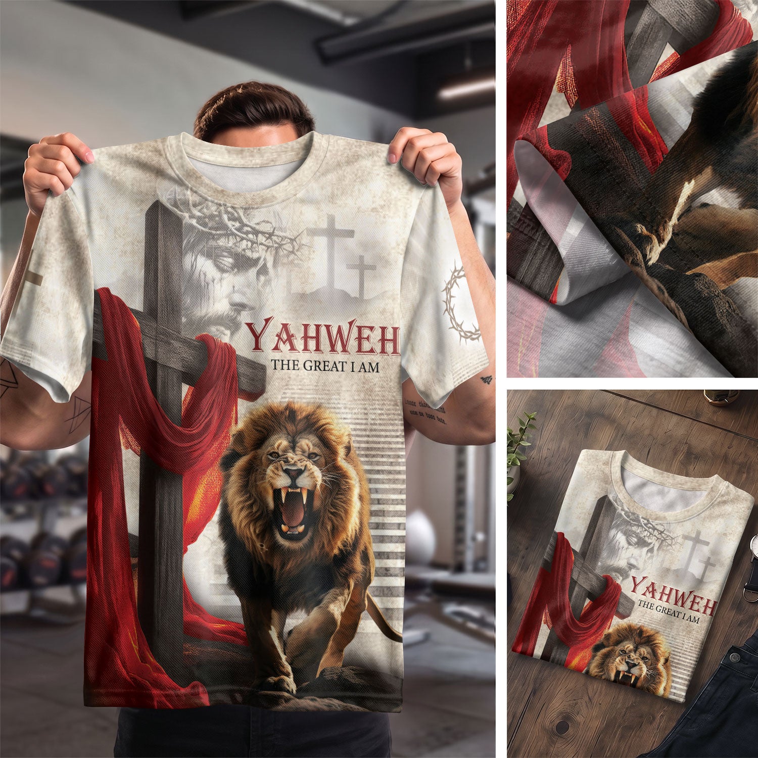 Christian Tee Shirts for Men - Yahweh The Great I Am and Crimson Cross Lion, RustField Co Freedom Shirts - Rust Field Wear