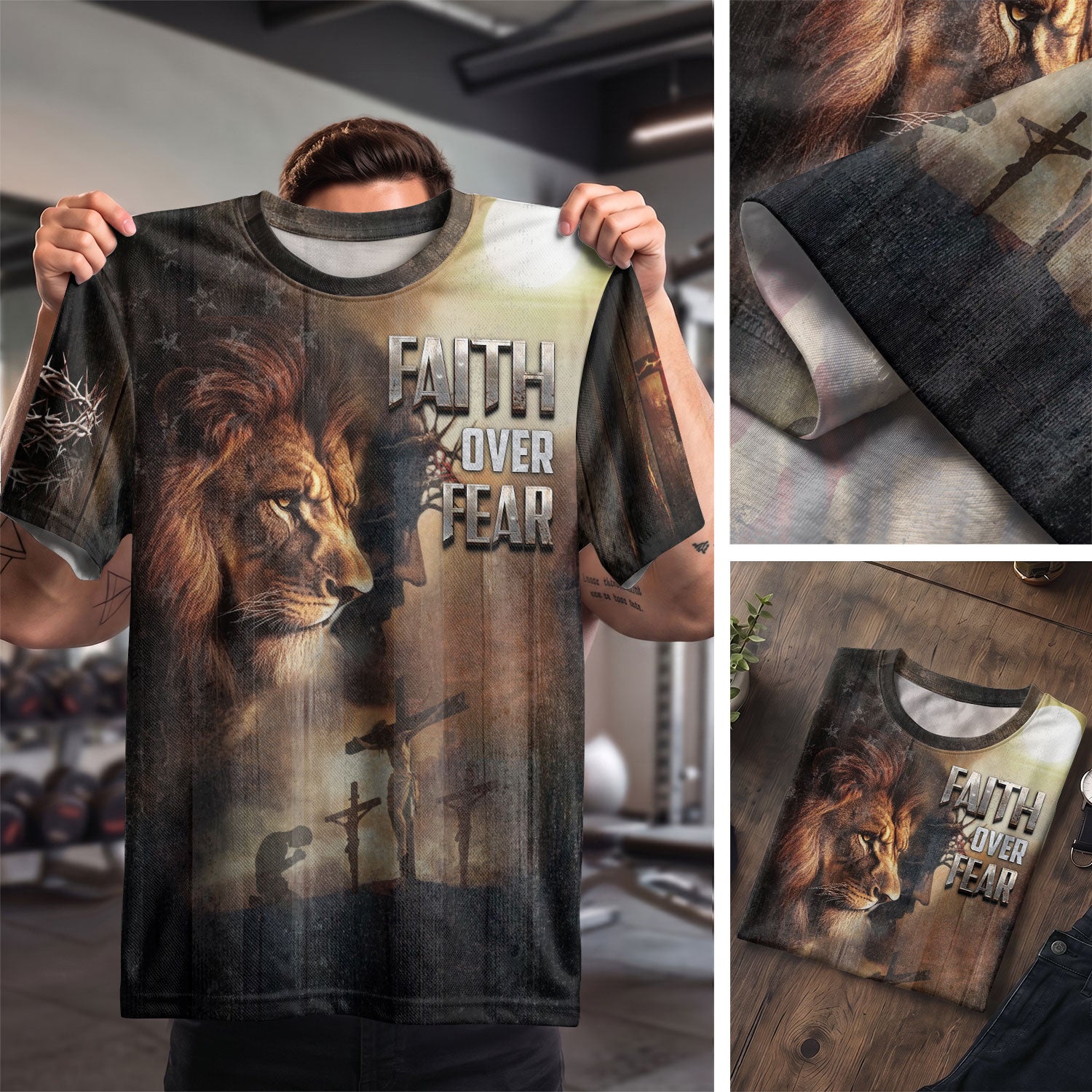 RustField Co, Faith Over Fear Lion and Cross Patriotic - Christian Tee Shirts for Men, Freedom Shirts - Rust Field Wear