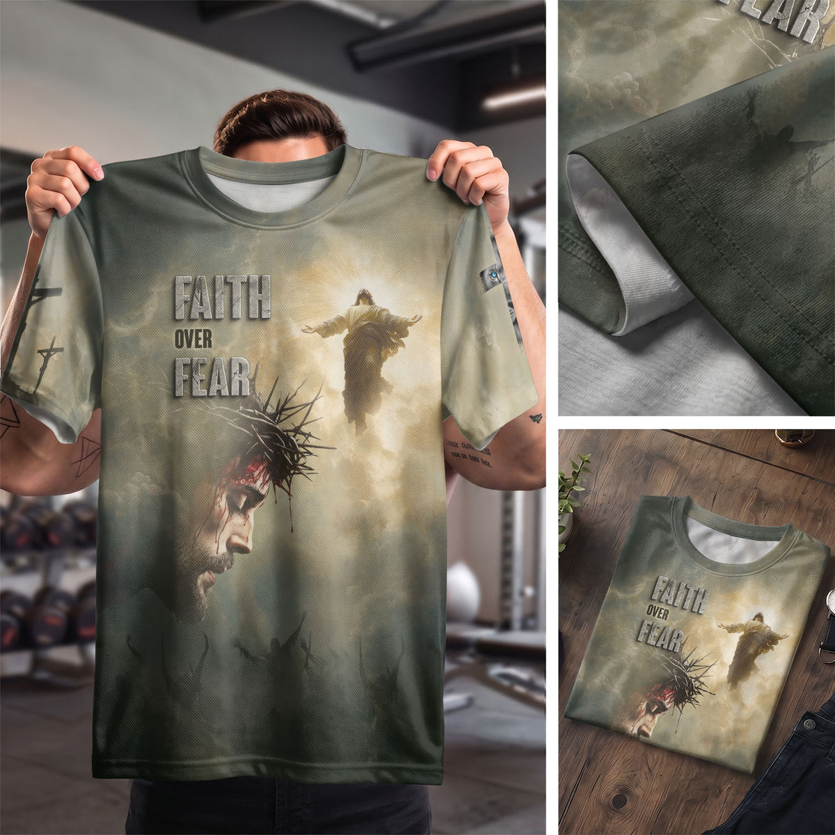 Christian Tee Shirts for Men, RustField Co - Faith Over Fear Jesus Crown of Thorns, Freedom Shirts - Rust Field Wear