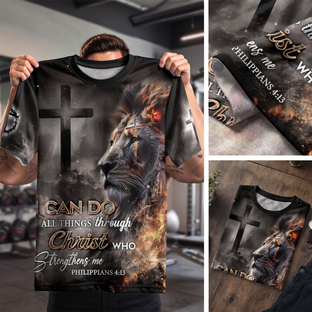 RustField Co Christian Tee Shirts - I Can Do All Things Through Christ Lion and Cross, Freedom Shirts for Men - Rust Field Wear