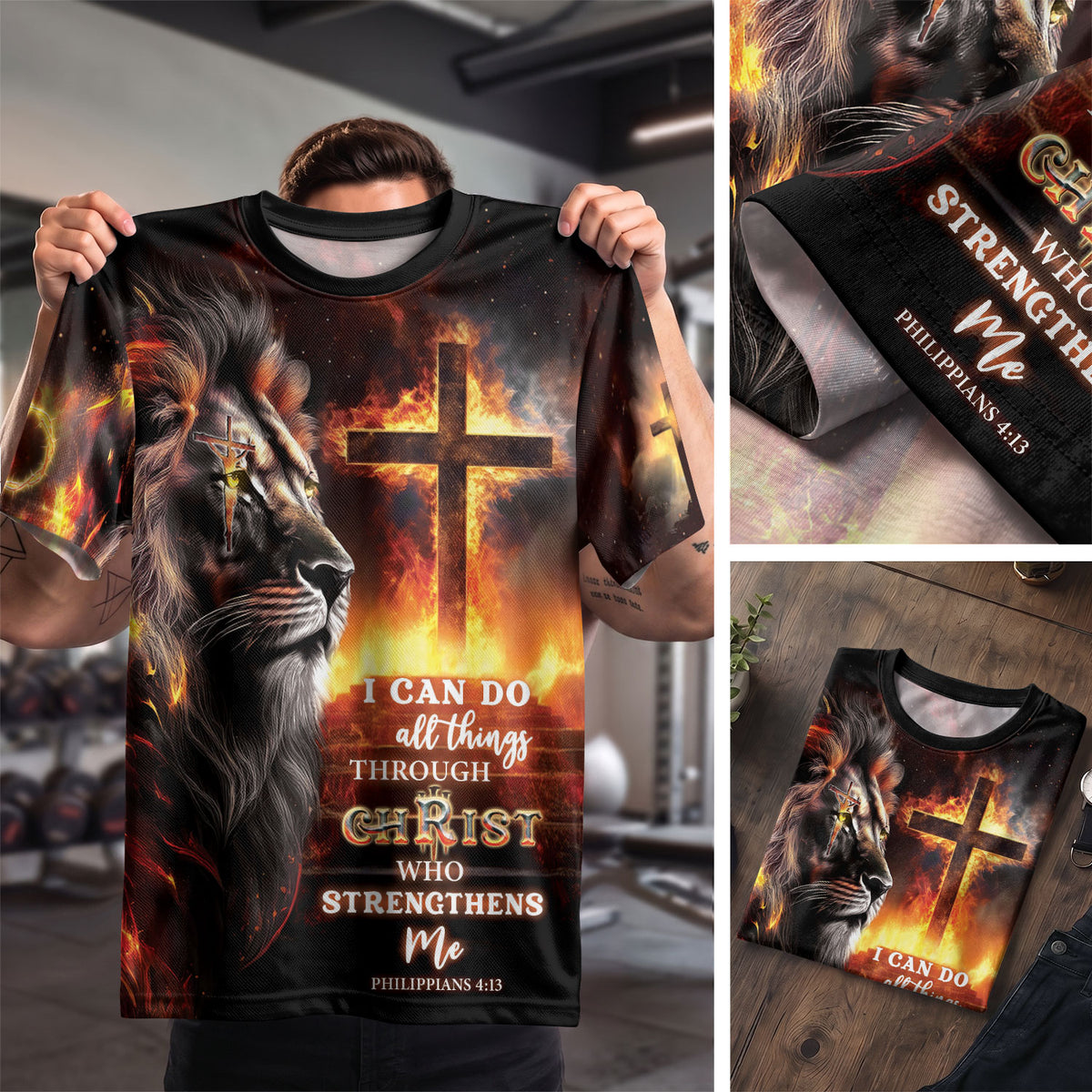RustField Co, Crucified Lion and Fiery Cross Philippians 4 13 - Christian Tee Shirts for Men, Freedom Shirts - Rust Field Wear