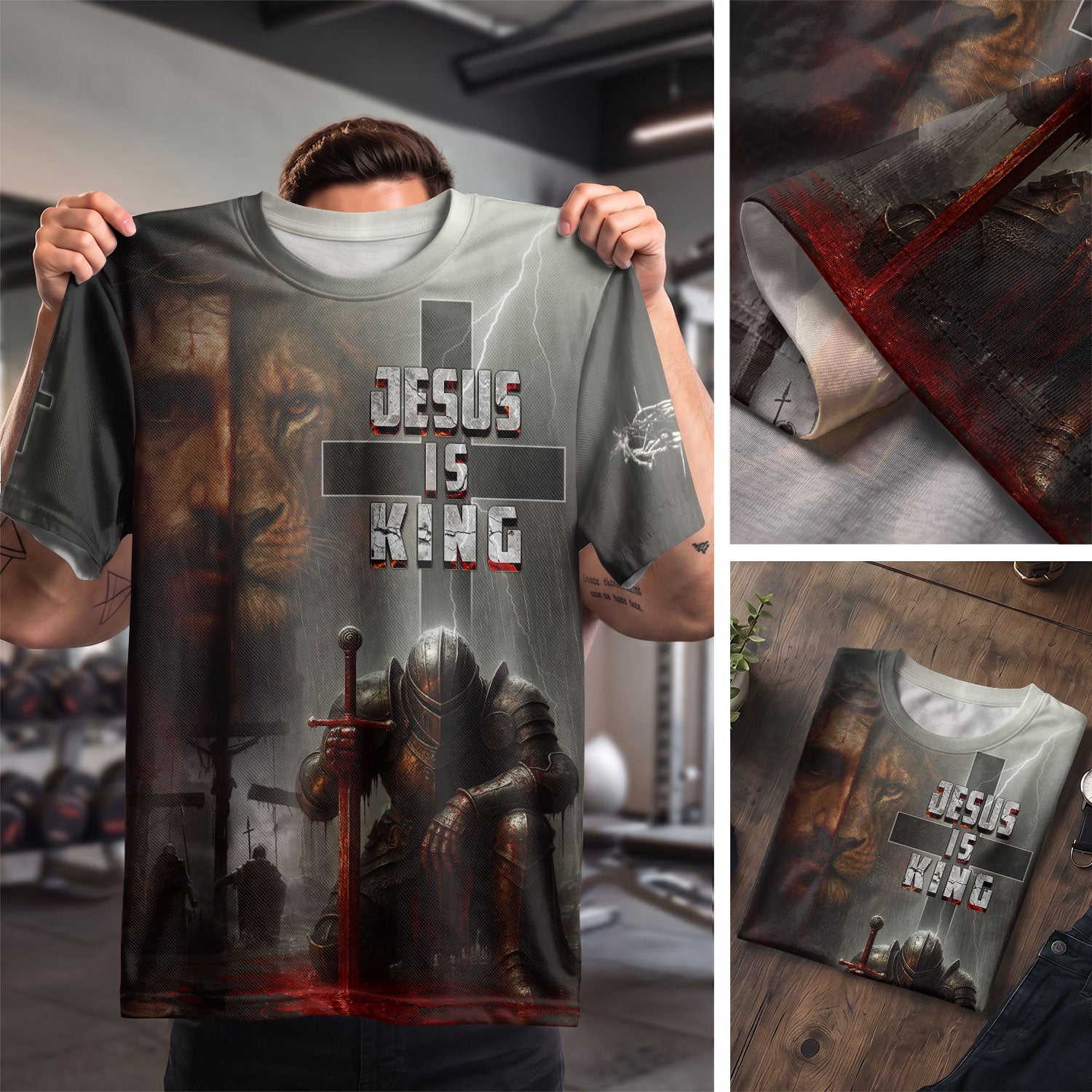 Jesus Is King Knight Cross and Lion, Freedom Shirts - Christian Tee Shirts for Men, RustField Co - Rust Field Wear