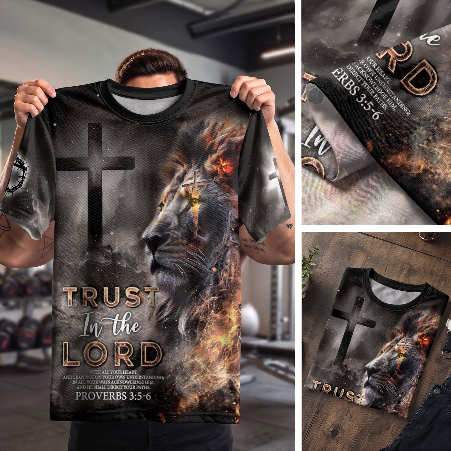 RustField Co Christian Tee Shirts - Trust In The Lord Proverbs 3 5 6 Fiery Lion, Freedom Shirts for Men - Rust Field Wear