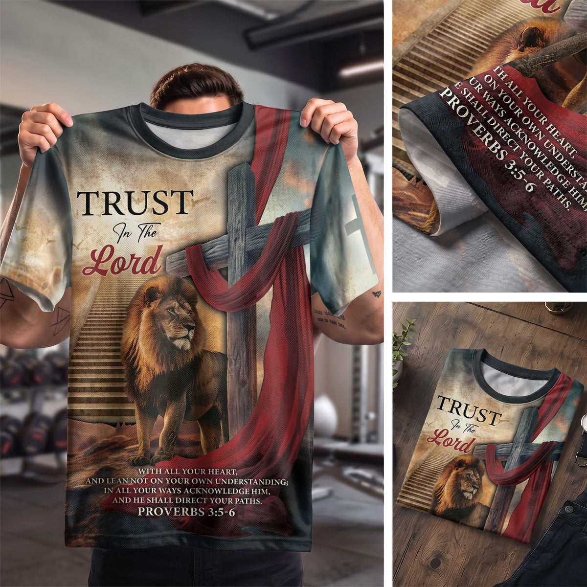 Christian Tee Shirts, Trust In The Lord Majestic Lion And Sash Cross - Freedom Shirts for Men, RustField Co - Rust Field Wear