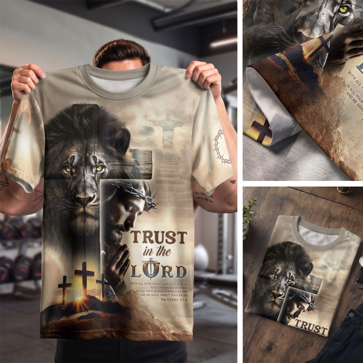 Trust in the Lord Proverbs 3 5 6 Resurrection Cross and Lion - RustField Co Freedom Shirts, Christian Tee Shirts for Men - Rust Field Wear